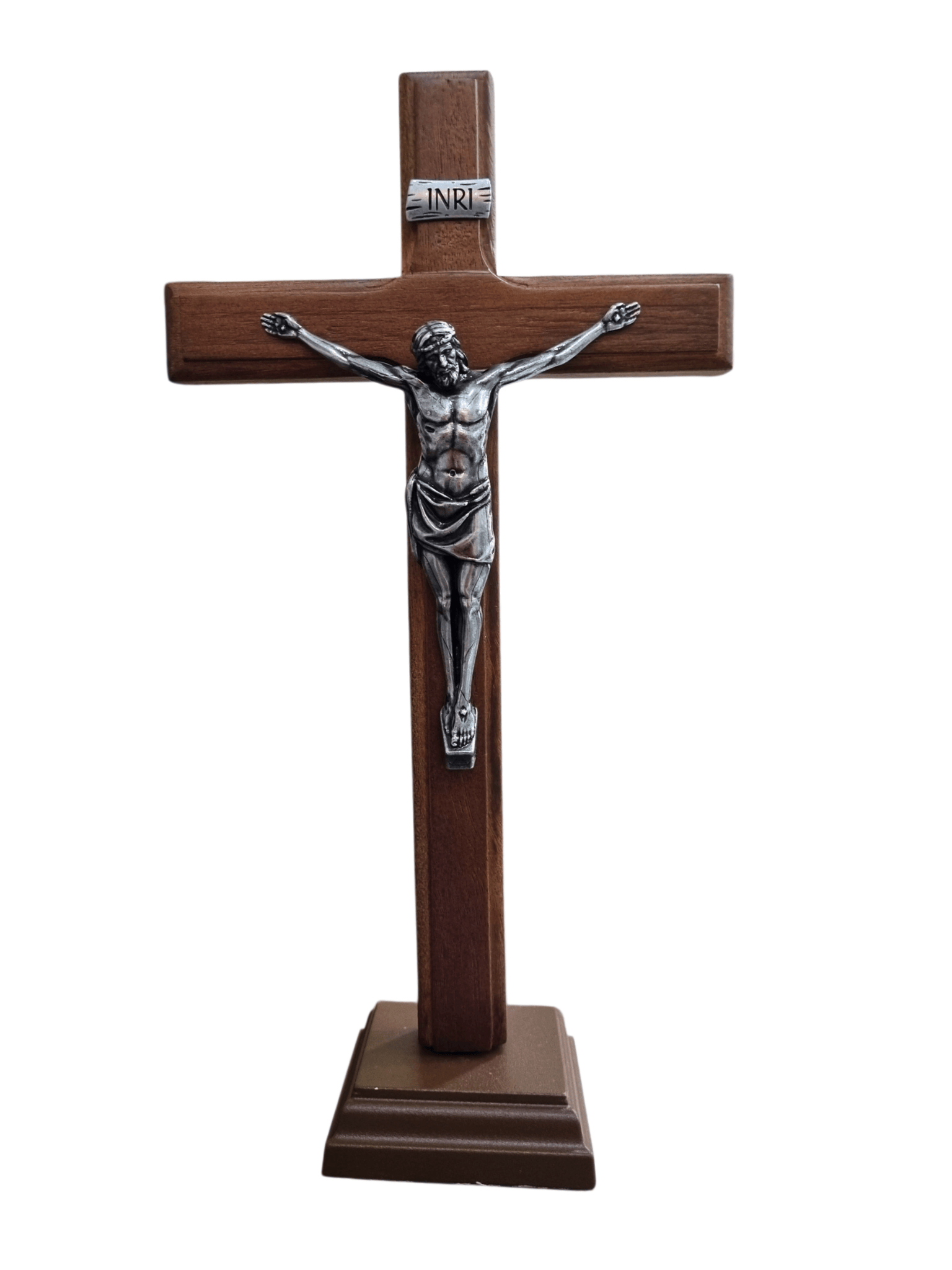 Crucifixo de Mesa em Madeira e Cristo em Metal Prata Velha 28 cm-TerraCotta Arte Sacra