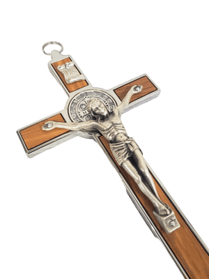 Crucifixo de São Bento em Metal e Madeira de Oliveira-TerraCotta Arte Sacra