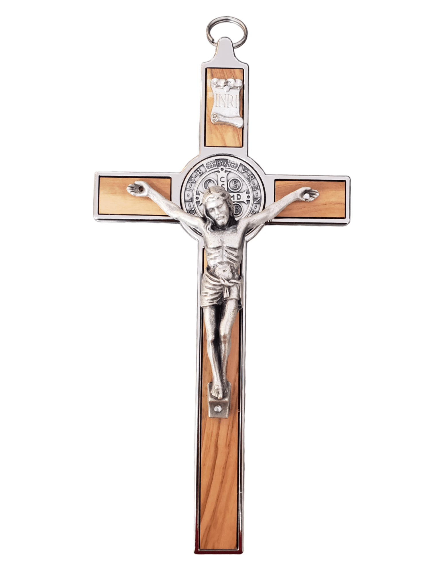 Crucifixo de São Bento em Metal e Madeira de Oliveira-TerraCotta Arte Sacra