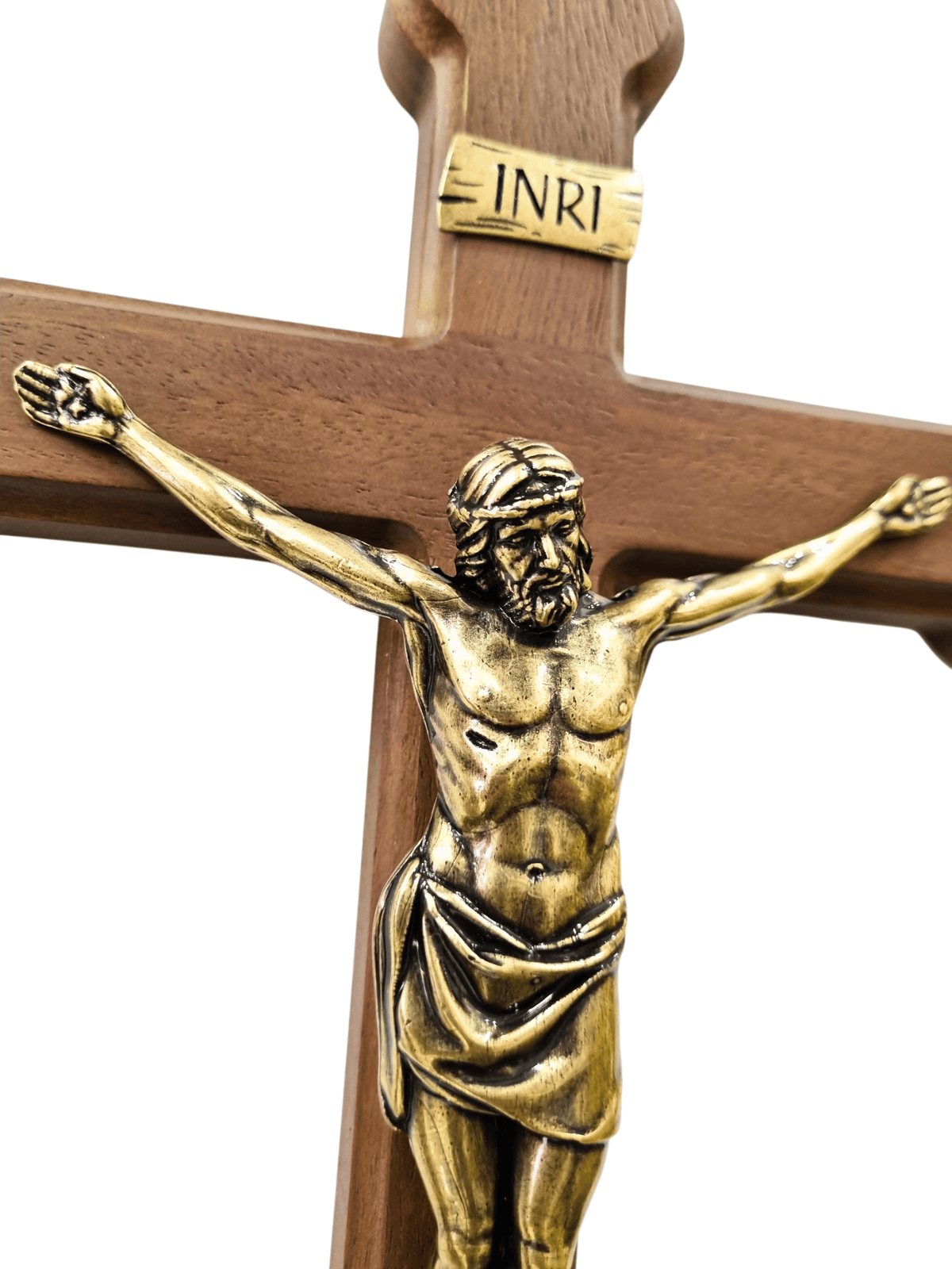 Crucifixo em Madeira Trevolado com Cristo em Metal Ouro Velho 27 cm-TerraCotta Arte Sacra