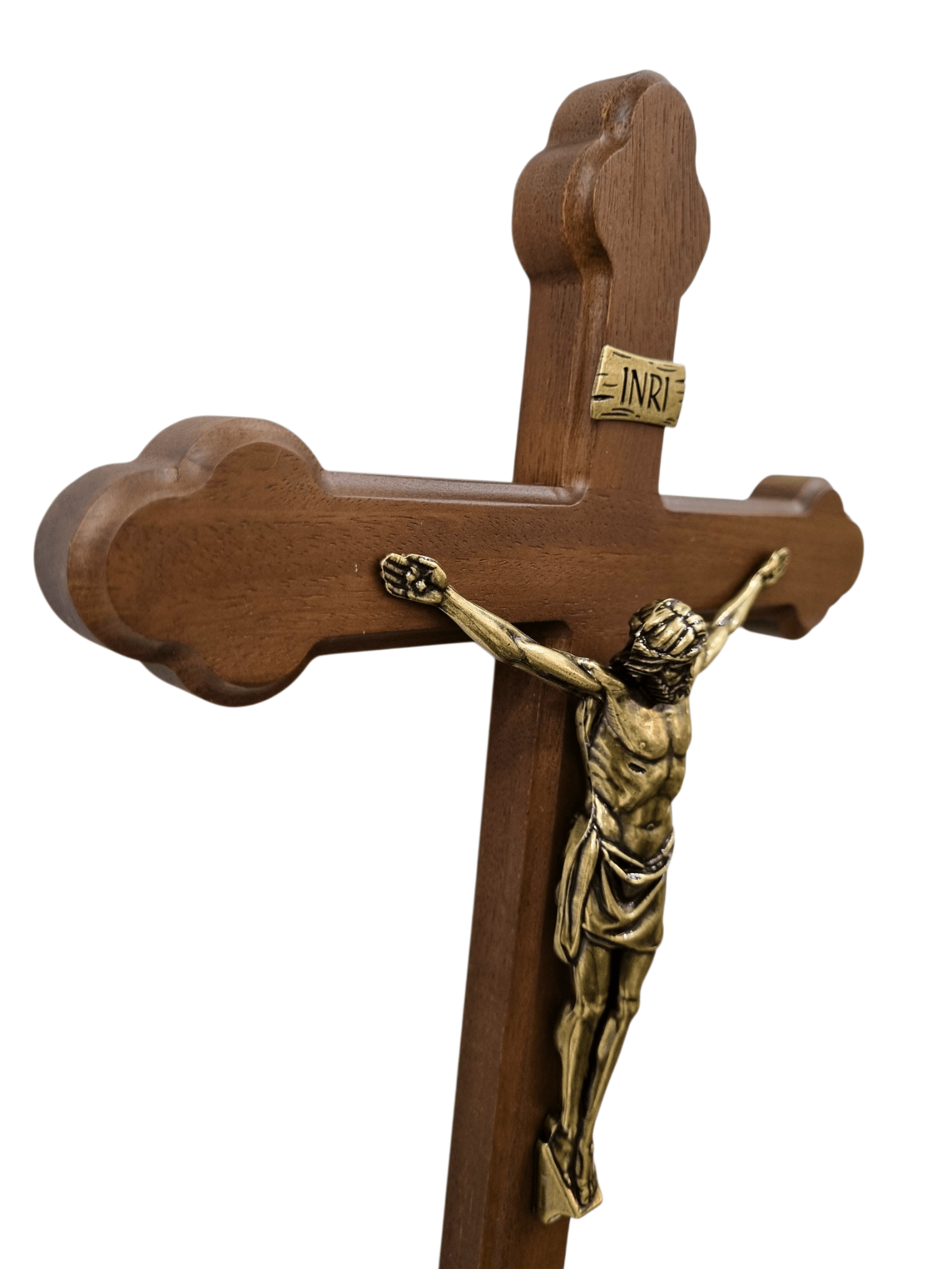 Crucifixo em Madeira Trevolado com Cristo em Metal Ouro Velho 39 cm-TerraCotta Arte Sacra