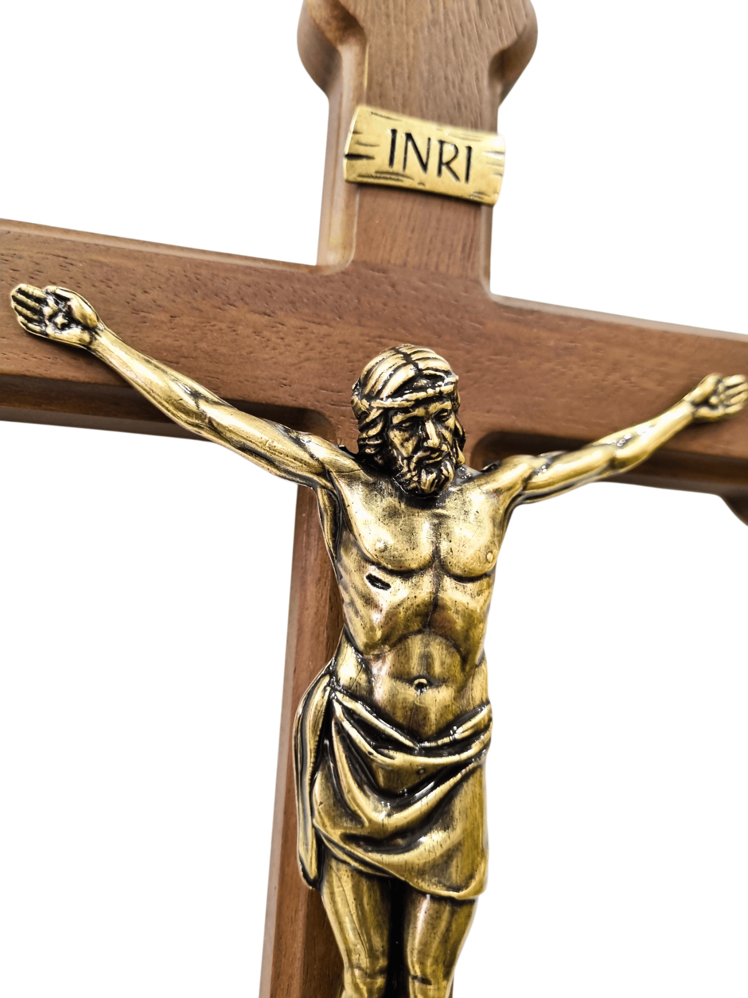 Crucifixo em Madeira Trevolado com Cristo em Metal Ouro Velho 50 cm-TerraCotta Arte Sacra