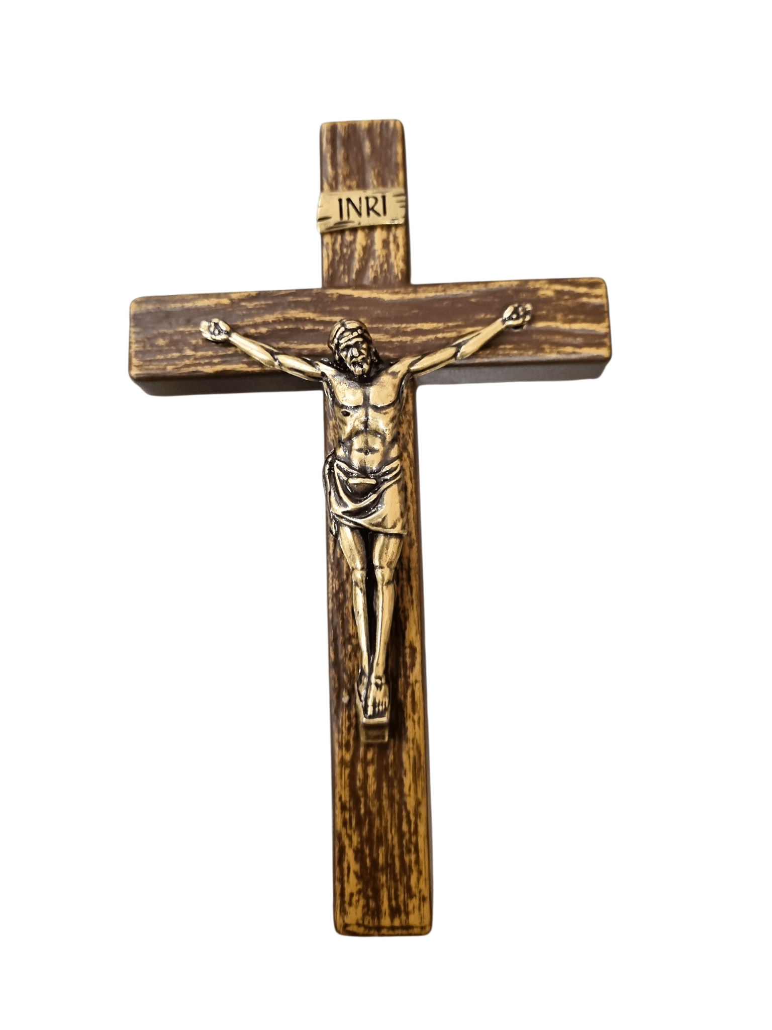 Crucifixo em Madeira com Cristo em Metal Ouro Velho 13 cm-TerraCotta Arte Sacra