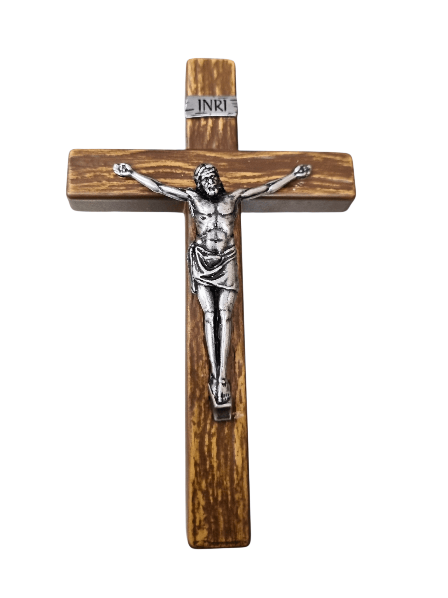 Crucifixo em Madeira com Cristo em Metal Prata Velha 13 cm-TerraCotta Arte Sacra