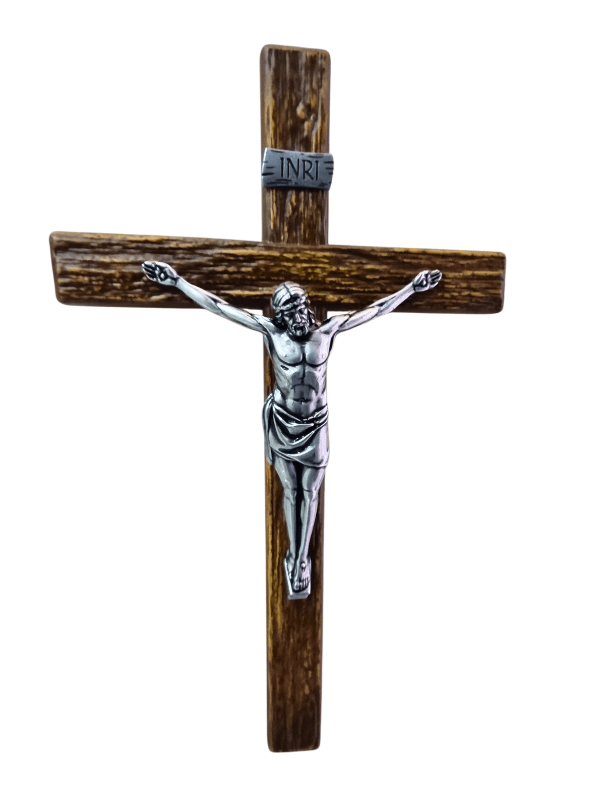 Crucifixo em Madeira com Cristo em Metal Prata Velha 29 cm-TerraCotta Arte Sacra