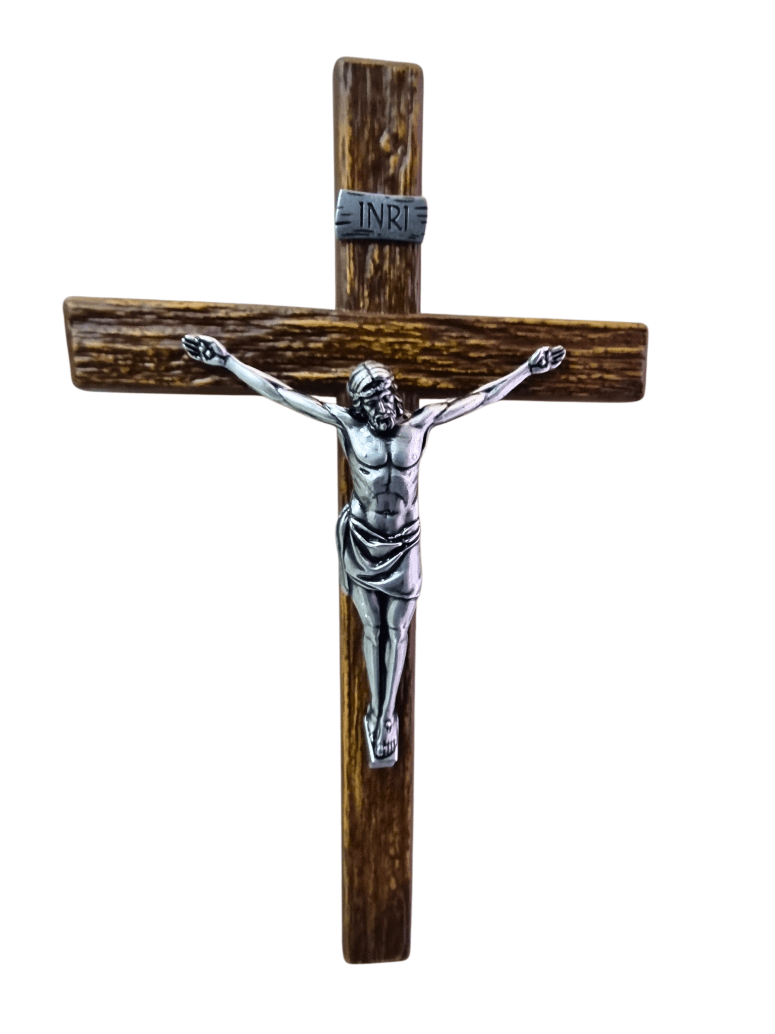Crucifixo em Madeira com Cristo em Metal Prata Velha 29 cm-TerraCotta Arte Sacra