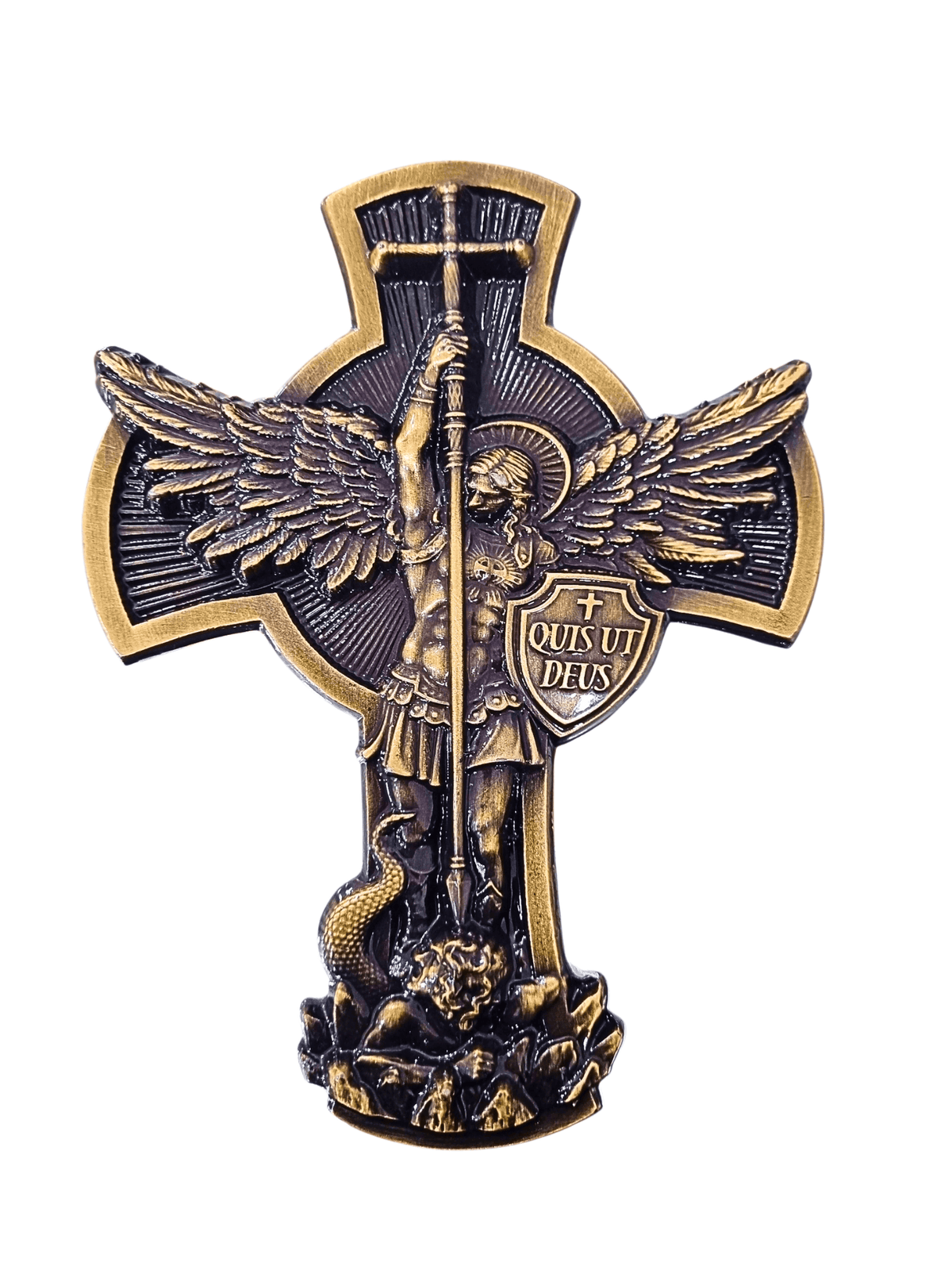 Cruz de São Miguel Arcanjo Metal Galvanizado Ouro Velho 17 cm-TerraCotta Arte Sacra