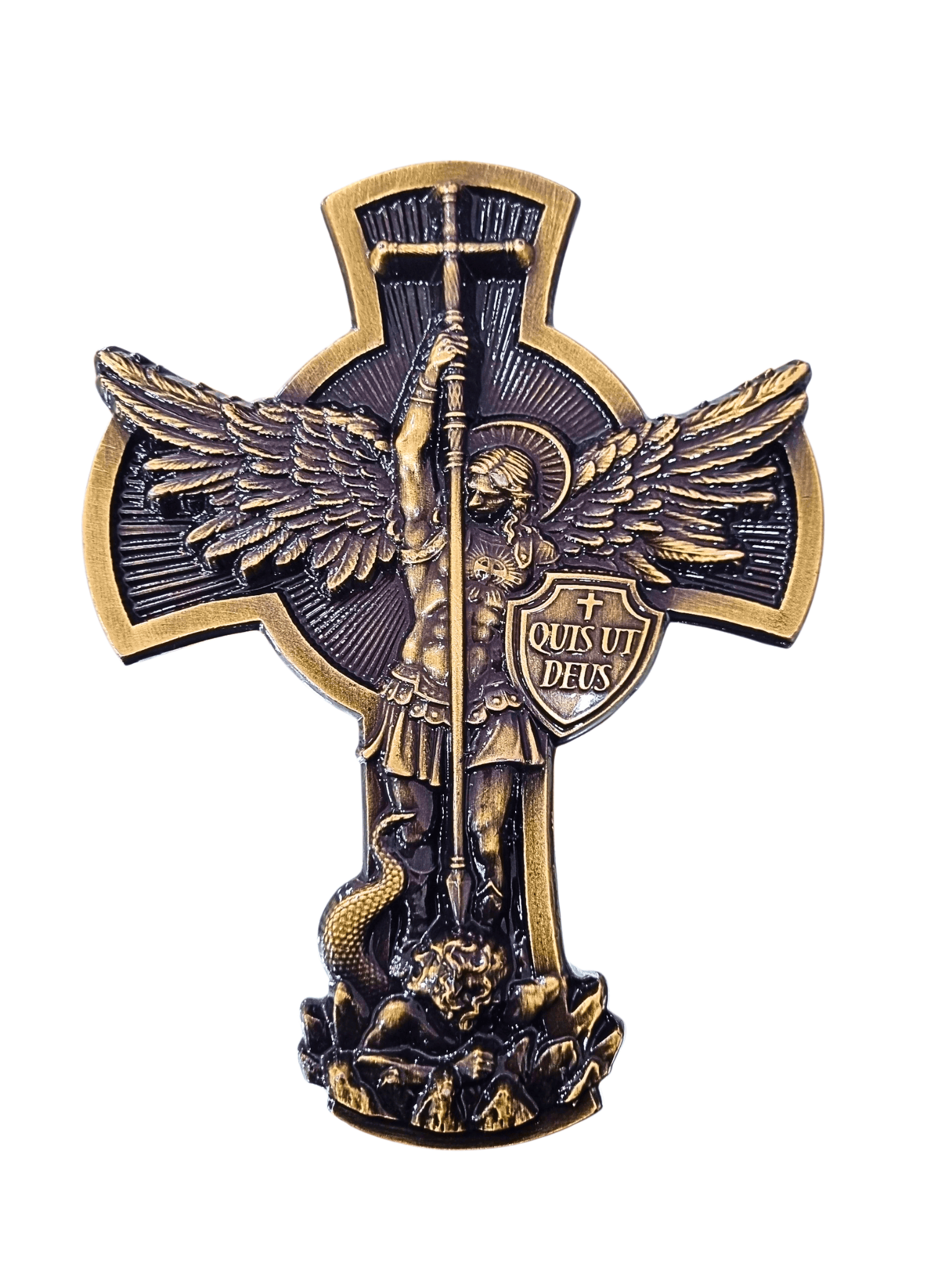 Cruz de São Miguel Arcanjo Metal Galvanizado Ouro Velho 17 cm-TerraCotta Arte Sacra