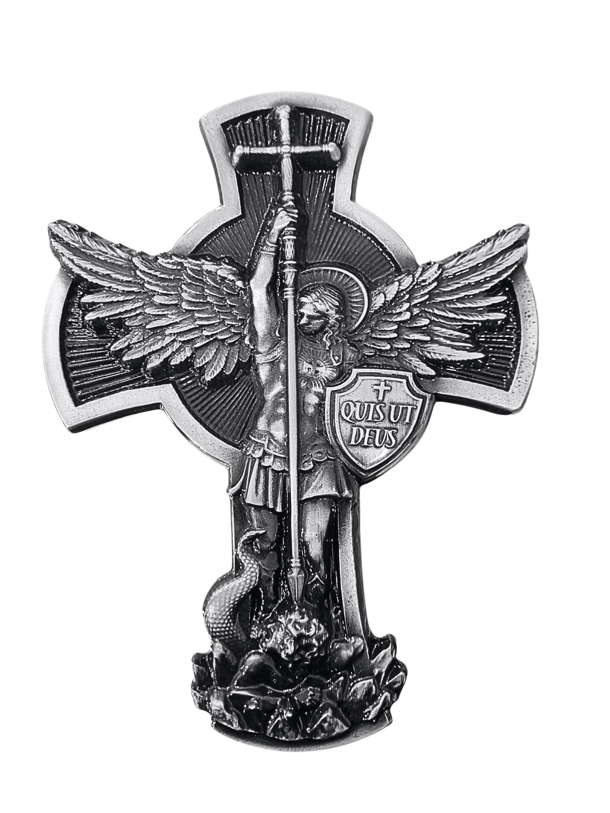 Cruz de São Miguel Arcanjo Metal Galvanizado Prata Velha 17 cm-TerraCotta Arte Sacra