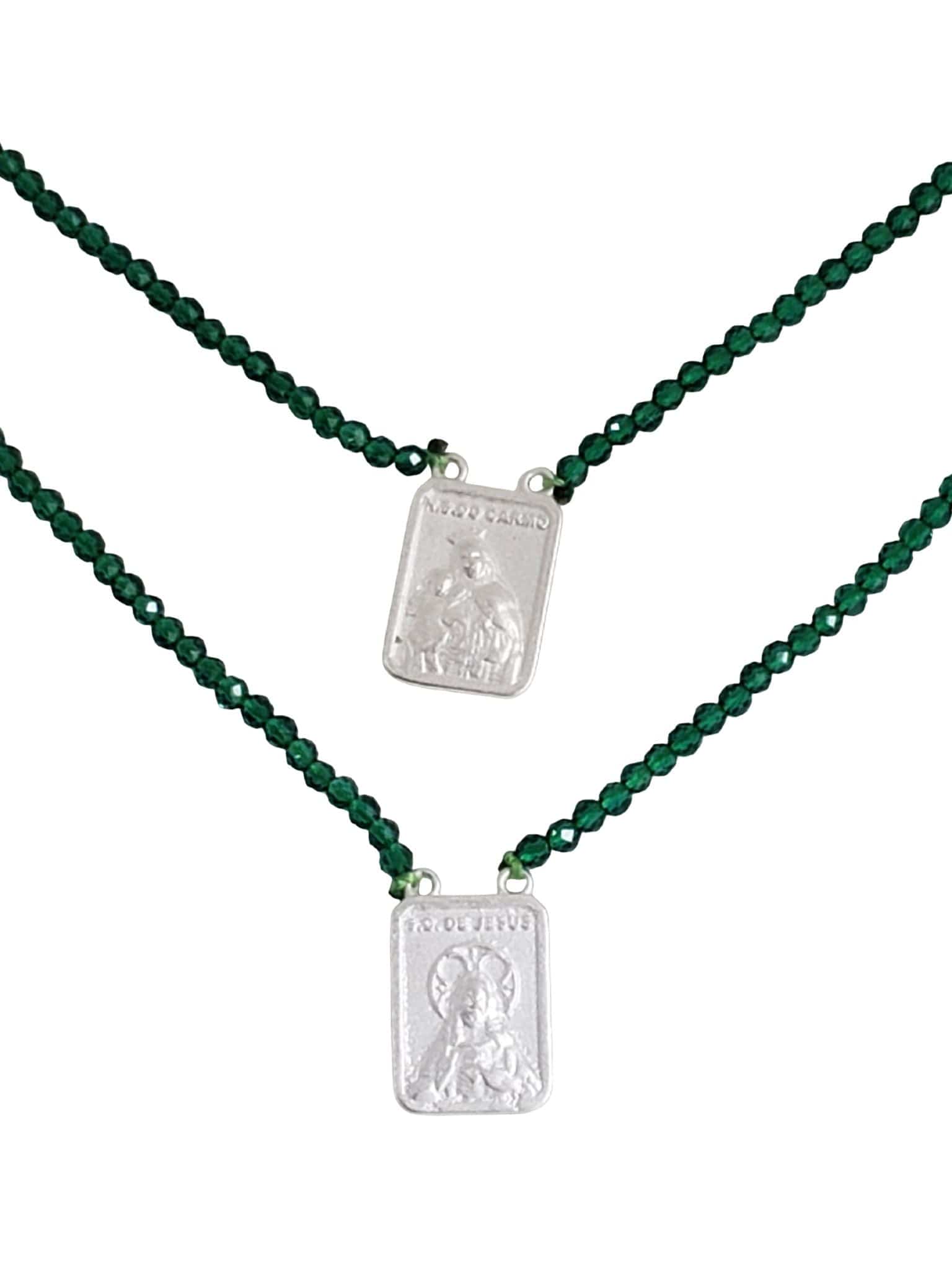 Escapulário com Cristais Cor Esmeralda e Medalha Mini em Prata de Lei 925-TerraCotta Arte Sacra