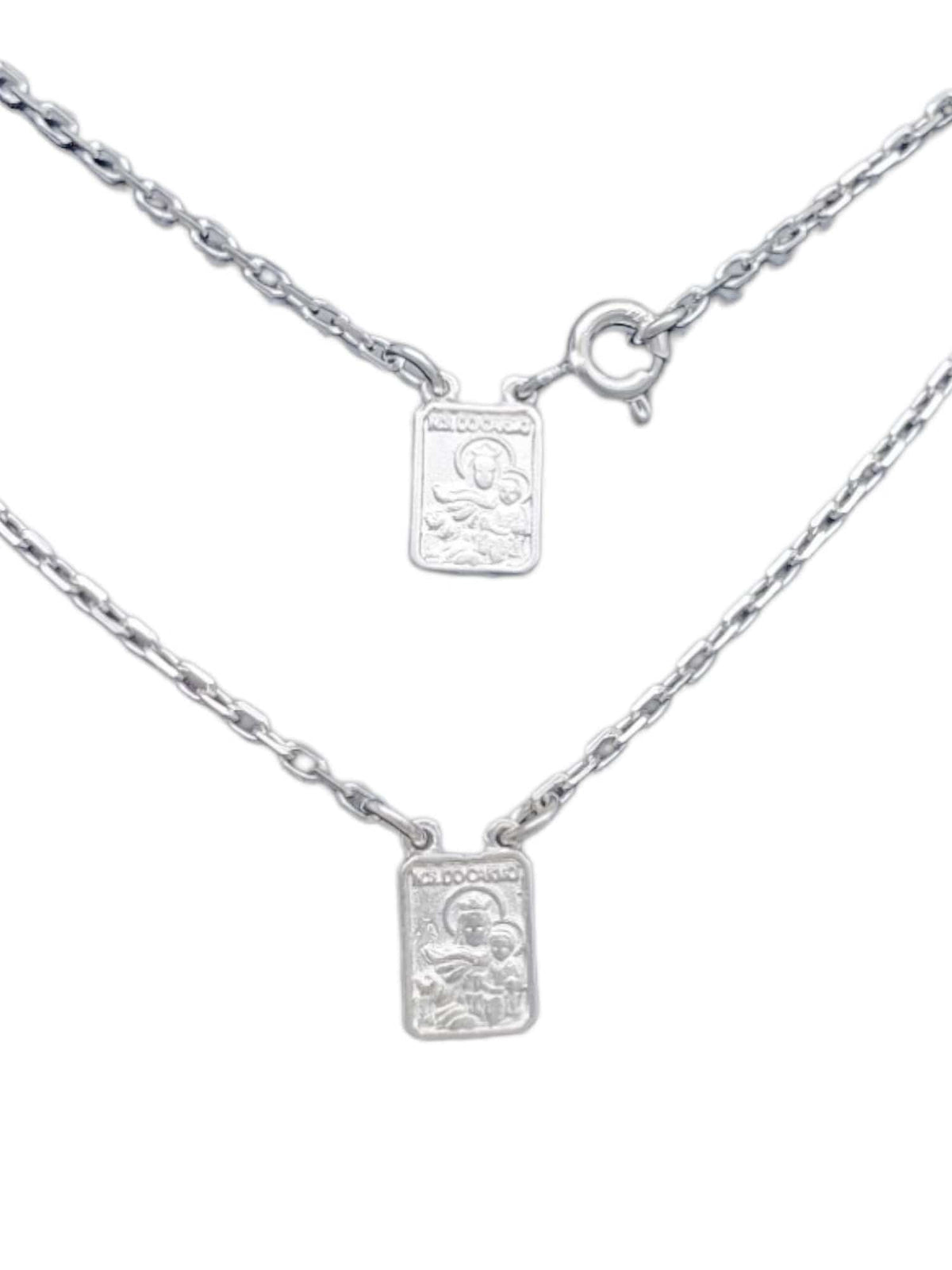 Escapulário mini Nossa Senhora do Carmo e Sagrado Coração em Prata de Lei 925 e Banho de Ródio-TerraCotta Arte Sacra