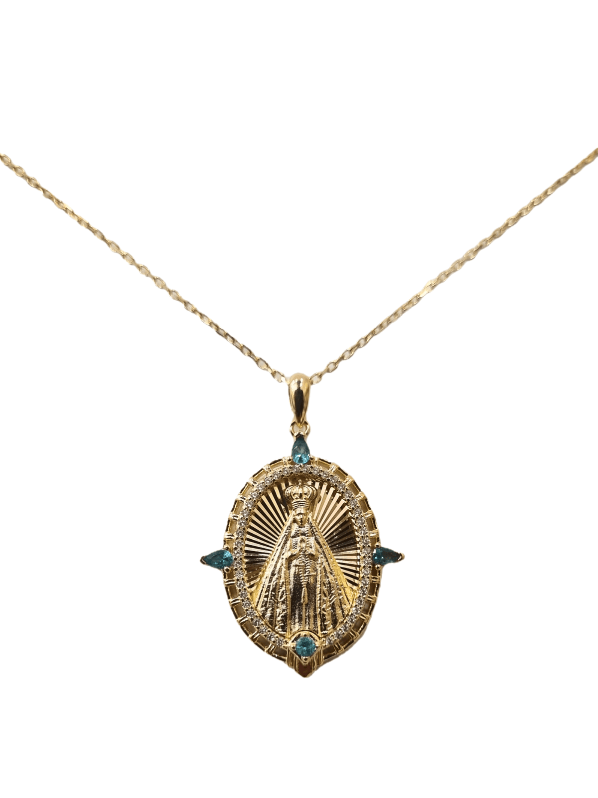 Gargantilha Cravejada de Nossa Senhora Aparecida e Gotas Paraíba em Prata de Lei 925 e Banho de Ouro 18K-TerraCotta Arte Sacra