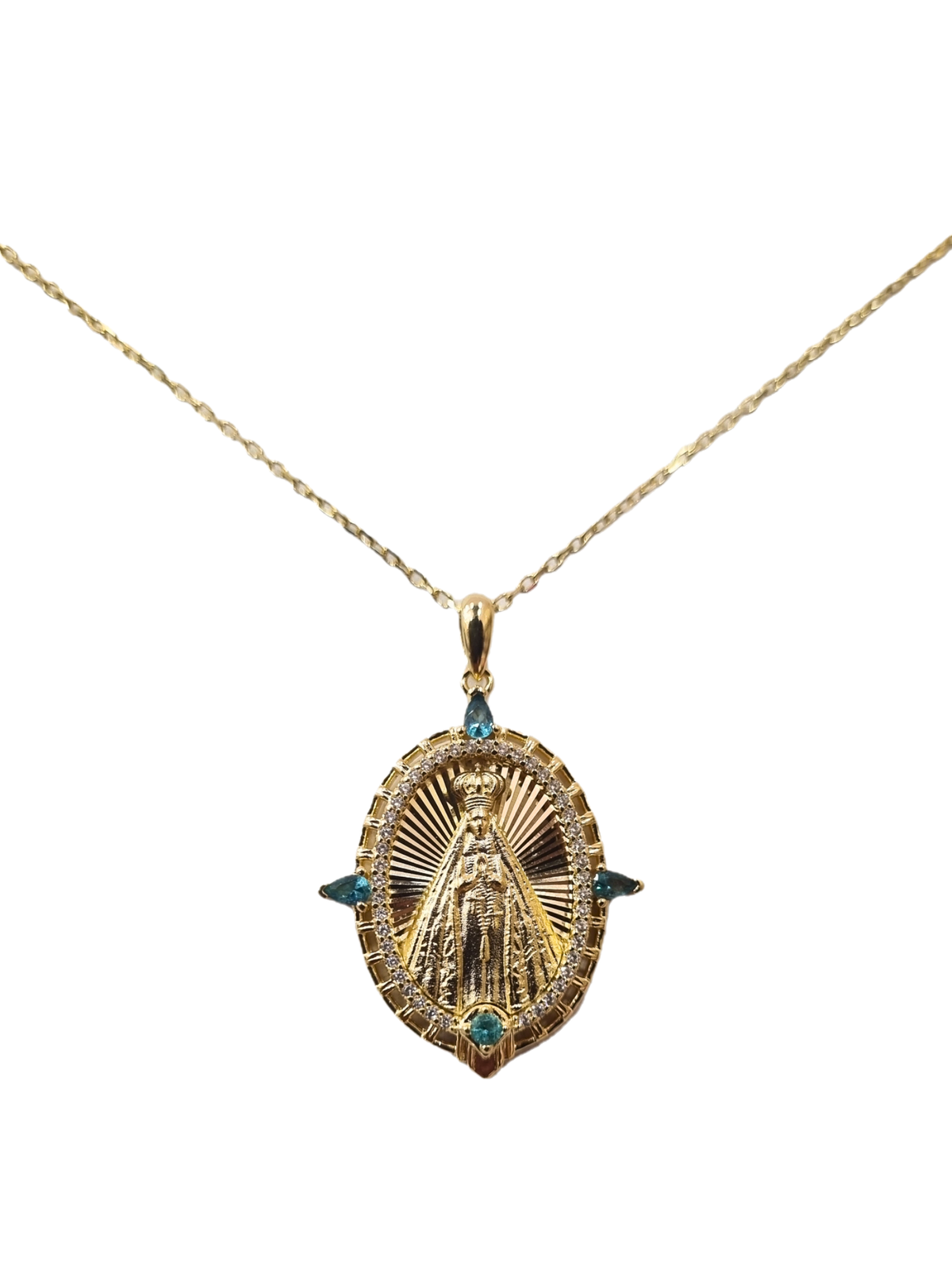Gargantilha Cravejada de Nossa Senhora Aparecida e Gotas Paraíba em Prata de Lei 925 e Banho de Ouro 18K-TerraCotta Arte Sacra