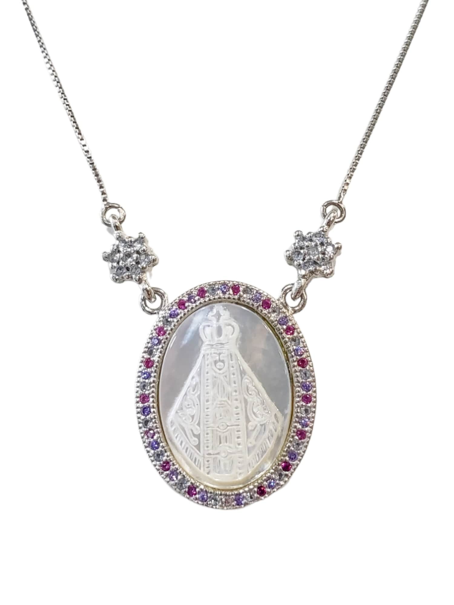 Gargantilha Nossa Senhora Aparecida na Madrepérola com Zircônias Cravejadas em Prata de Lei 925-TerraCotta Arte Sacra