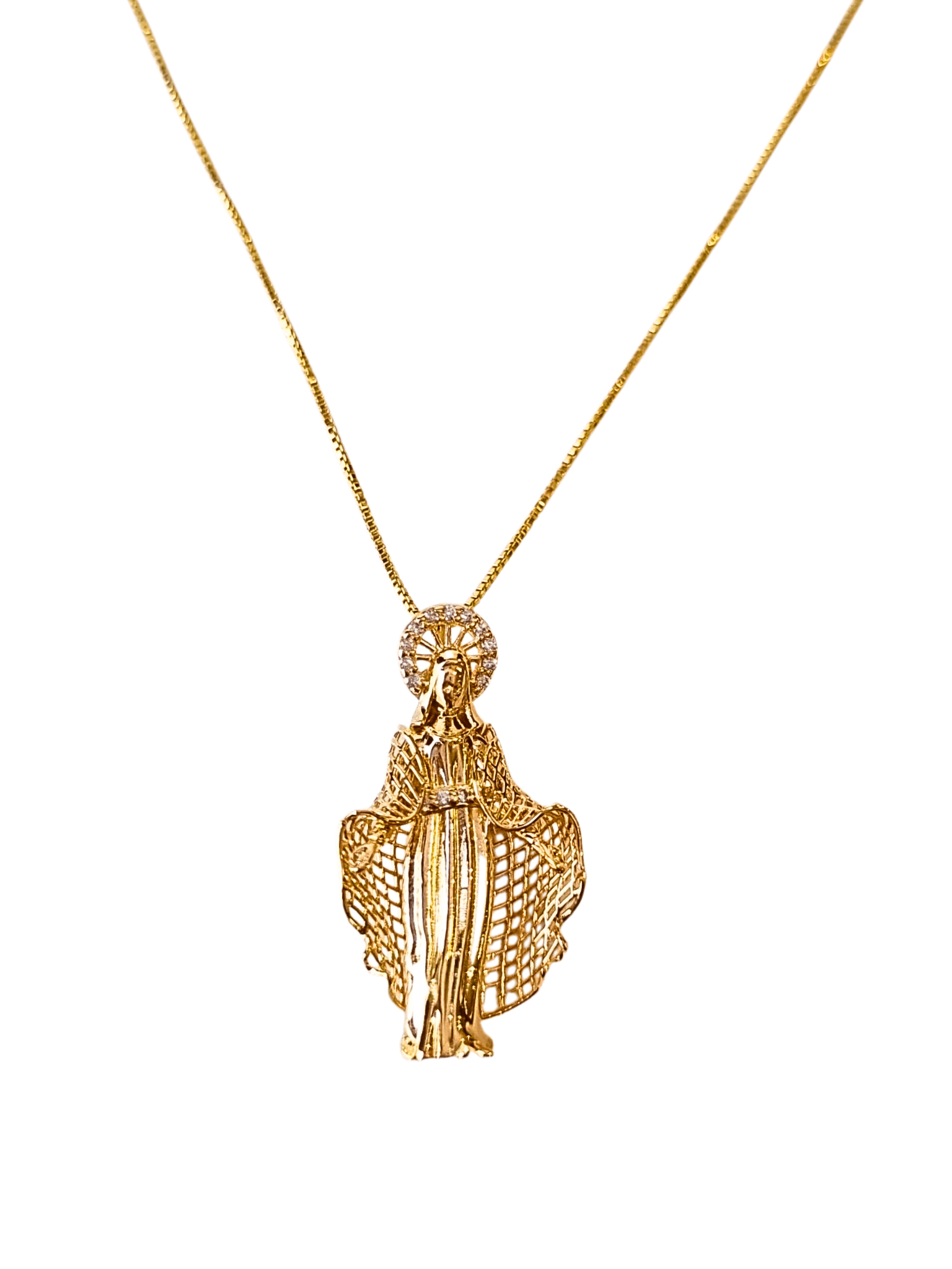 Gargantilha Nossa Senhora das Graças com Manto Vazado e Resplendor de Zircônias em Prata de Lei 925 e Banho de Ouro 18 K-TerraCotta Arte Sacra
