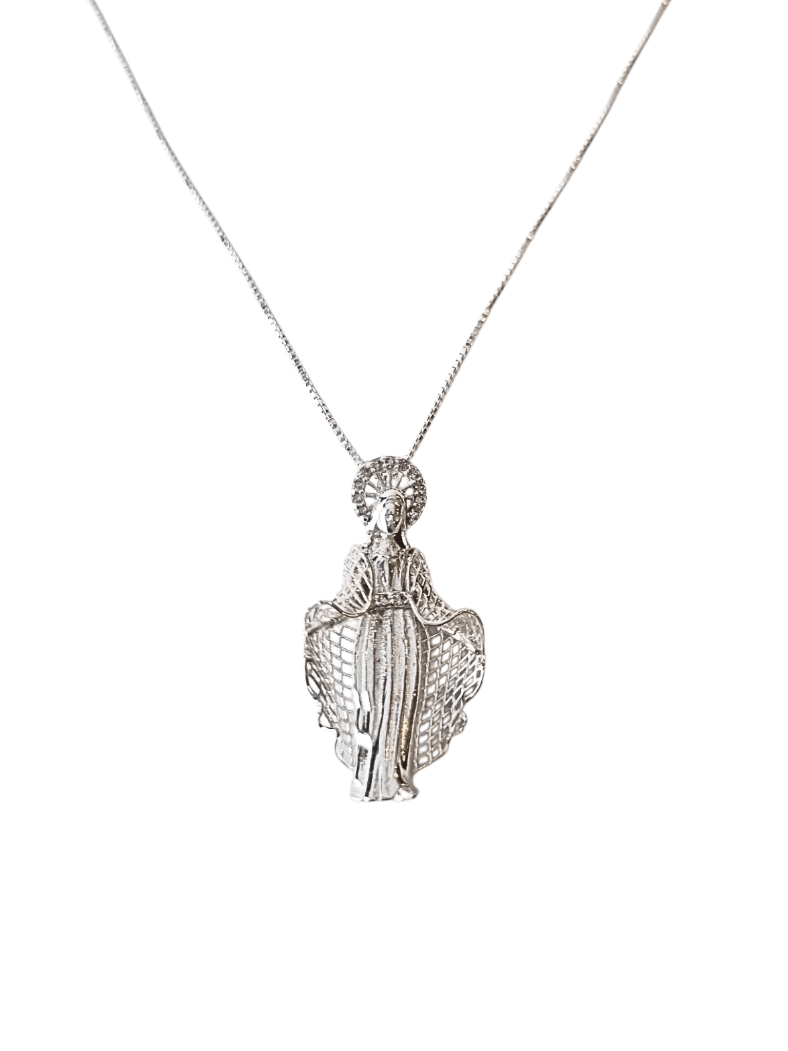 Gargantilha Nossa Senhora das Graças com Manto Vazado e Resplendor de Zircônias em Prata de Lei 925-TerraCotta Arte Sacra