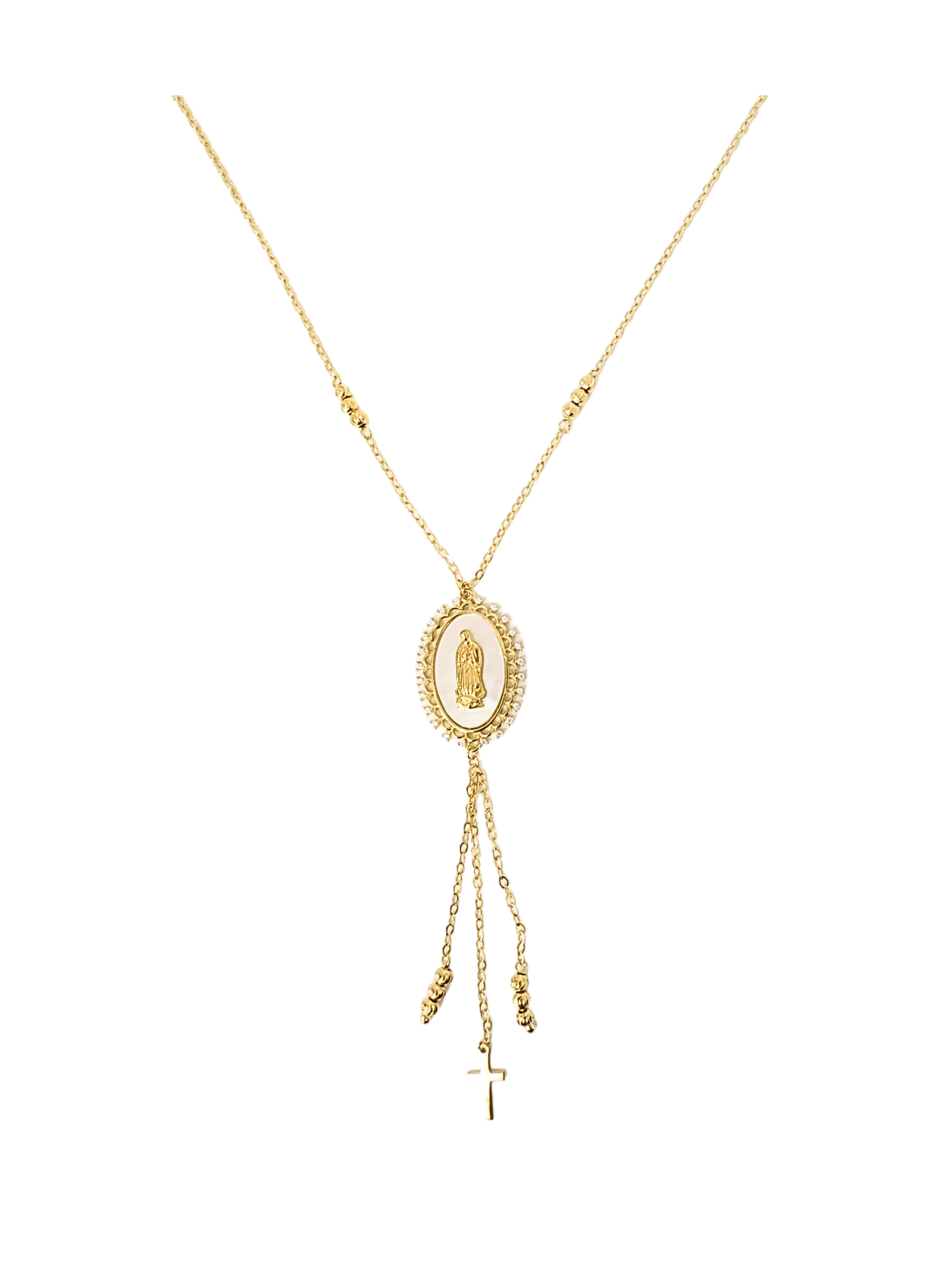 Gargantilha Nossa Senhora de Fátima com Bolinhas e Cruz em Prata de Lei 925 e Banho de Ouro 18K-TerraCotta Arte Sacra