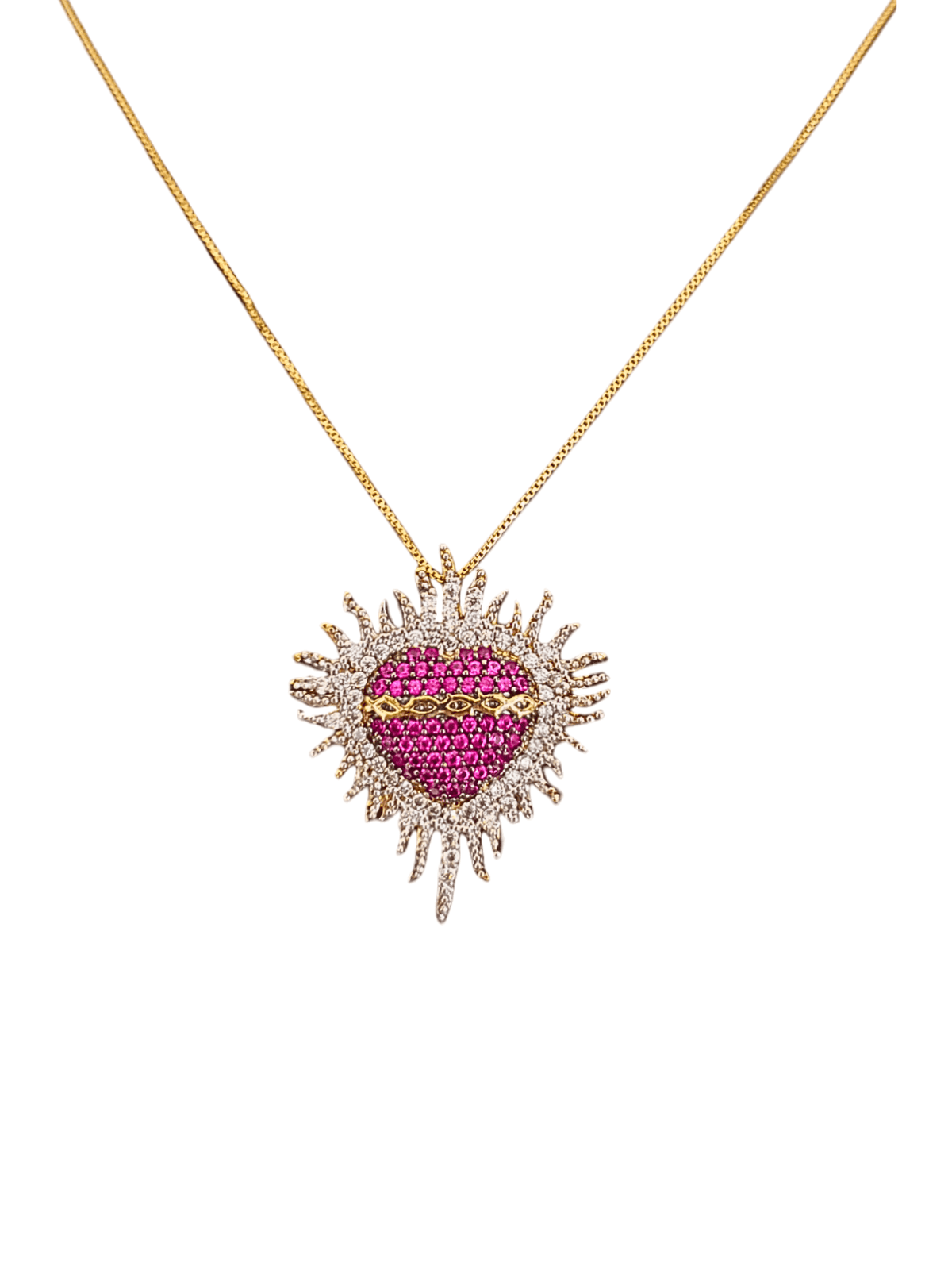 Gargantilha Sagrado Coração de Jesus Cravejado com Zircônias Rubis e Brancas em Prata de Lei 925 e Banho de Ouro 18K-TerraCotta Arte Sacra