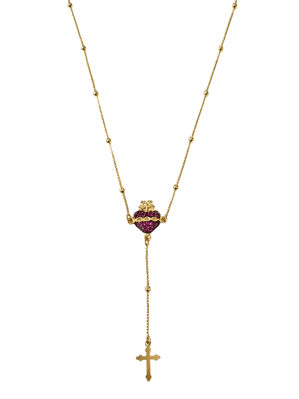 Gargantilha Terço Sagrado Coração de Jesus com Zircônias Cravejadas e Crucifixo em Prata de Lei 925 e Banho de Ouro 18 K-TerraCotta Arte Sacra