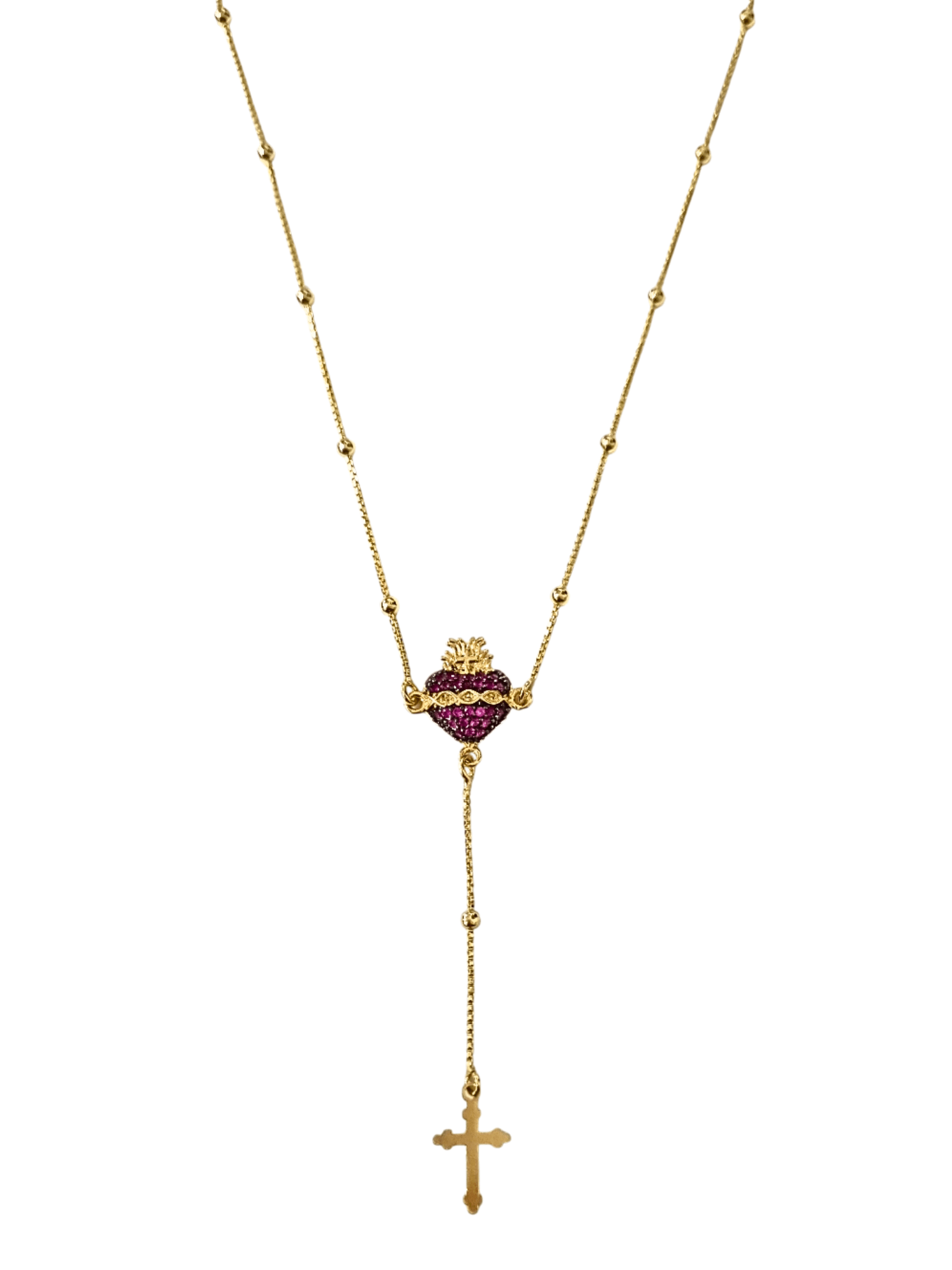 Gargantilha Terço Sagrado Coração de Jesus com Zircônias Cravejadas e Crucifixo em Prata de Lei 925 e Banho de Ouro 18 K-TerraCotta Arte Sacra