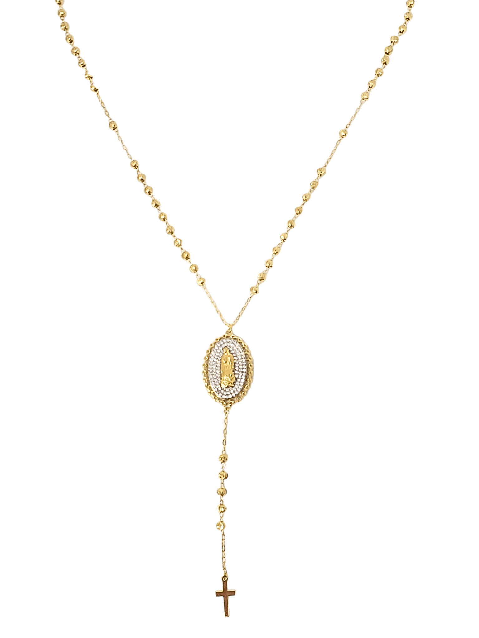 Gargantilha Terço com Nossa Senhora de Fátima e Zircônias Brancas em Prata de Lei 925 e Banho de Ouro 18K-TerraCotta Arte Sacra