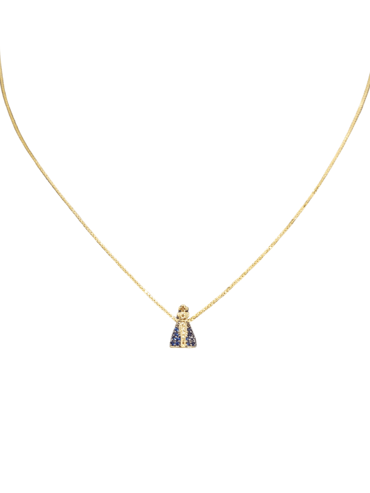 Gargantilha de Nossa Senhora Aparecida com Safira Azul em Prata de Lei 925 e Banho de Ouro 18K-TerraCotta Arte Sacra