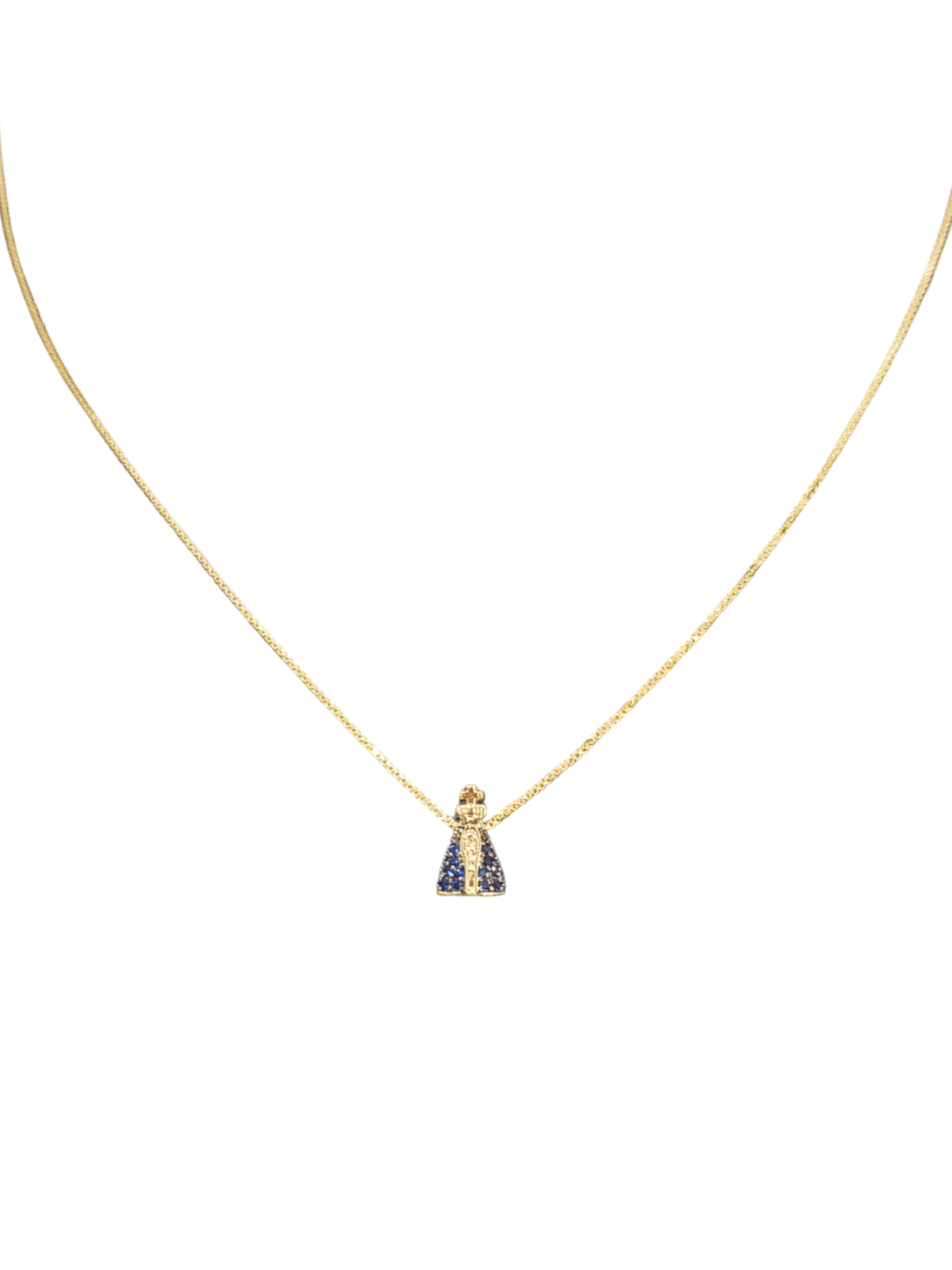Gargantilha de Nossa Senhora Aparecida com Safira Azul em Prata de Lei 925 e Banho de Ouro 18K-TerraCotta Arte Sacra