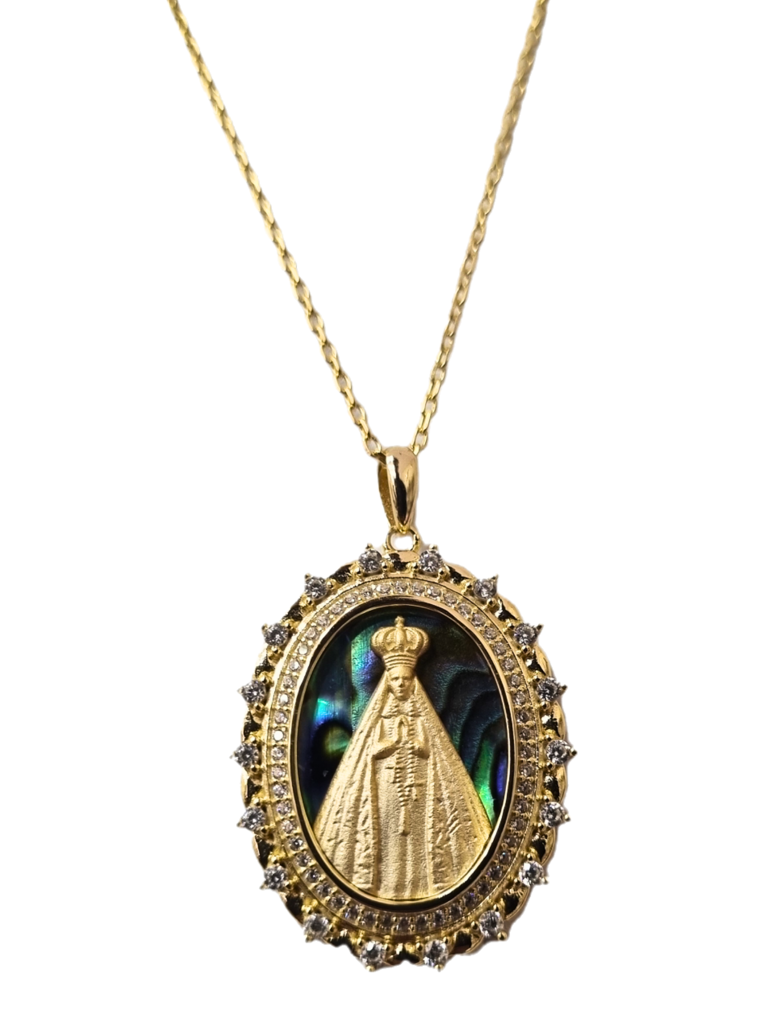 Gargantilha de Nossa Senhora Aparecida e Madrepérola Abalone em Prata de Lei 925 e Banho de Ouro 18K-TerraCotta Arte Sacra