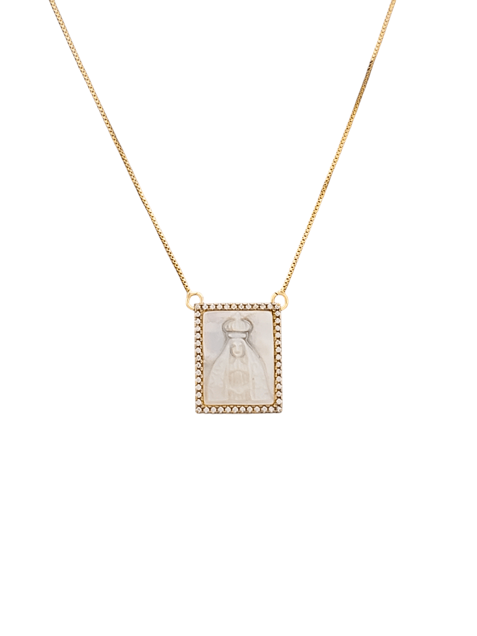 Gargantilha de Nossa Senhora Aparecida em Madrepérola de Prata de Lei 925 com Banho de Ouro-TerraCotta Arte Sacra