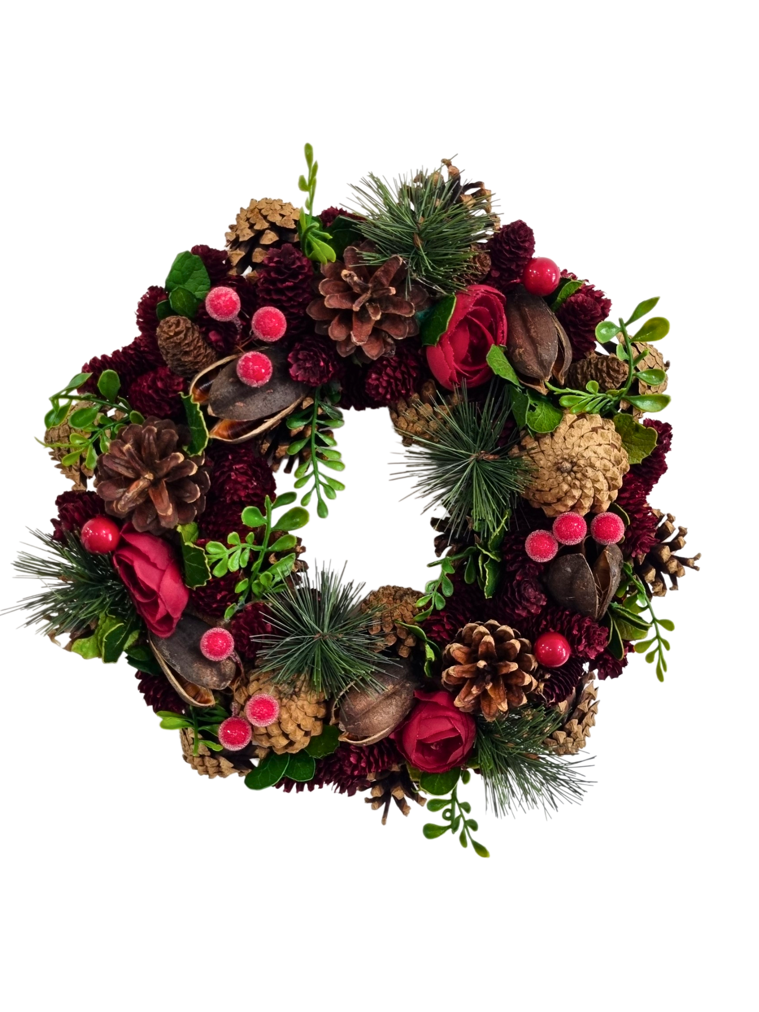 Guirlanda de Natal Vermelha e Verde Flores Rústicas 30 x 30 cm-TerraCotta Arte Sacra