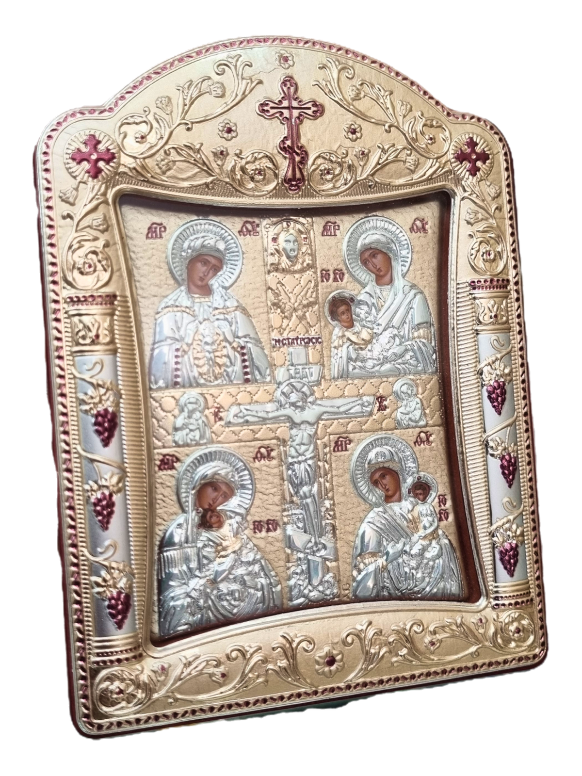 Ícone Grego Mãe de Deus com Cristo Crucificado Prata 11,3 x 15,2 cm-TerraCotta Arte Sacra