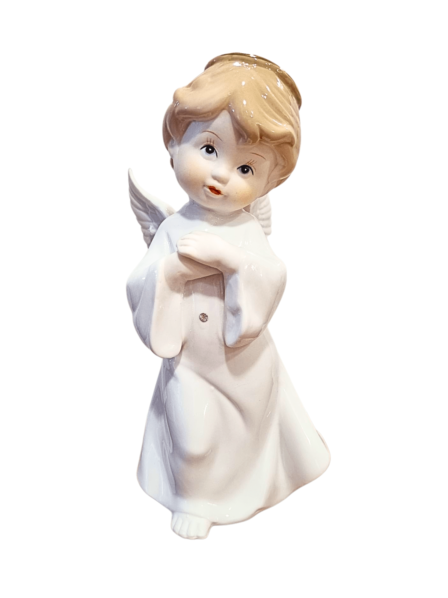Imagem de Anjo em Porcelana com a Mão no Peito-TerraCotta Arte Sacra