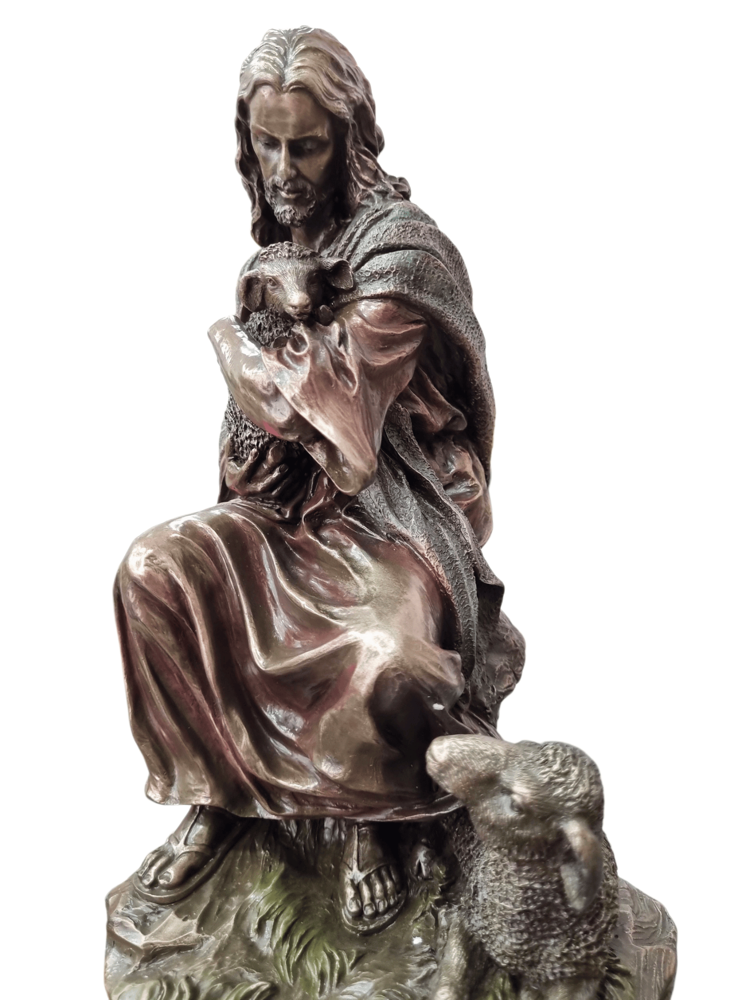 Imagem de Jesus Bom Pastor em Pó de Mármore com Acabamento em Bronze 22 cm-TerraCotta Arte Sacra