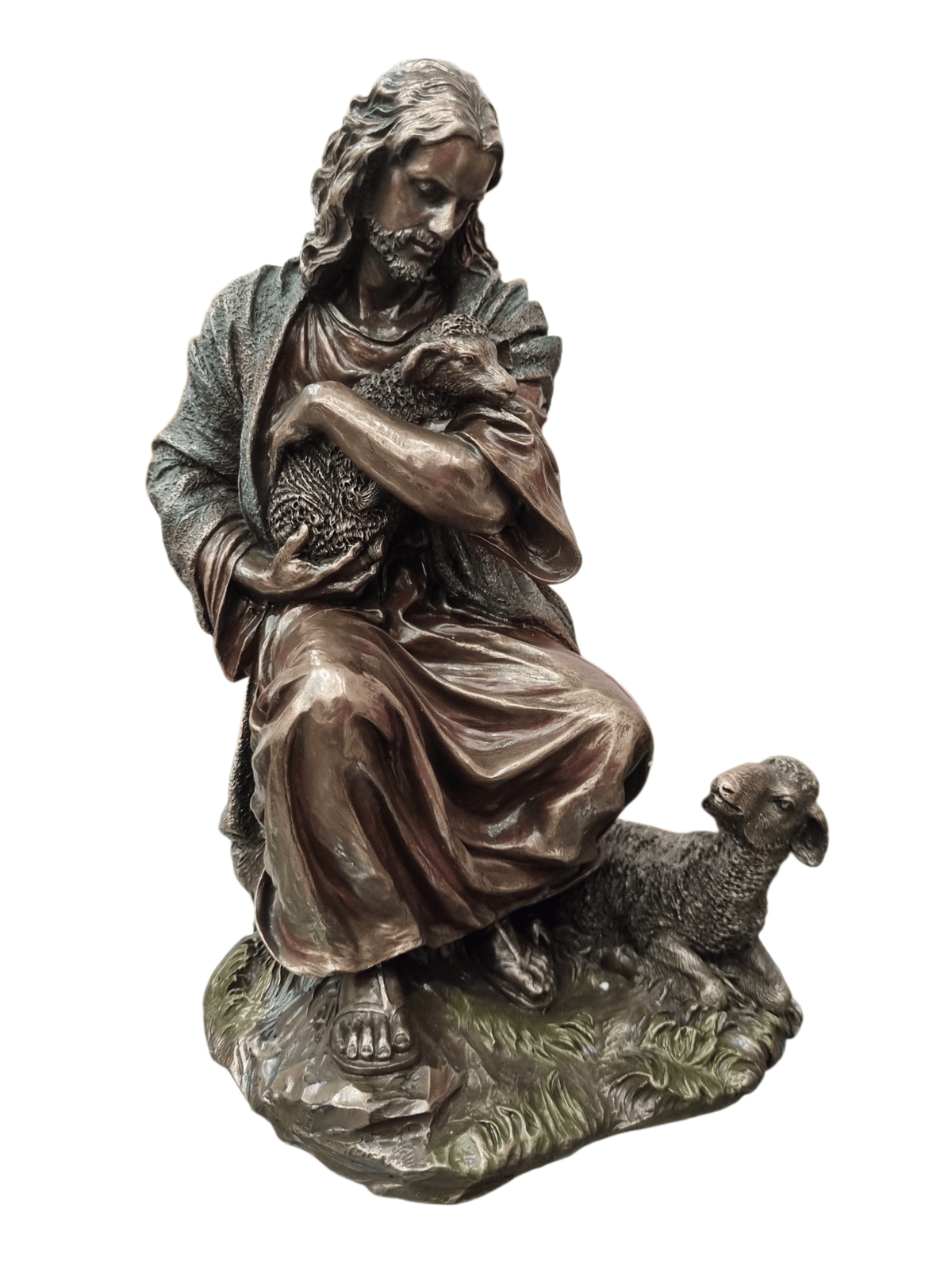 Imagem de Jesus Bom Pastor em Pó de Mármore com Acabamento em Bronze 22 cm-TerraCotta Arte Sacra