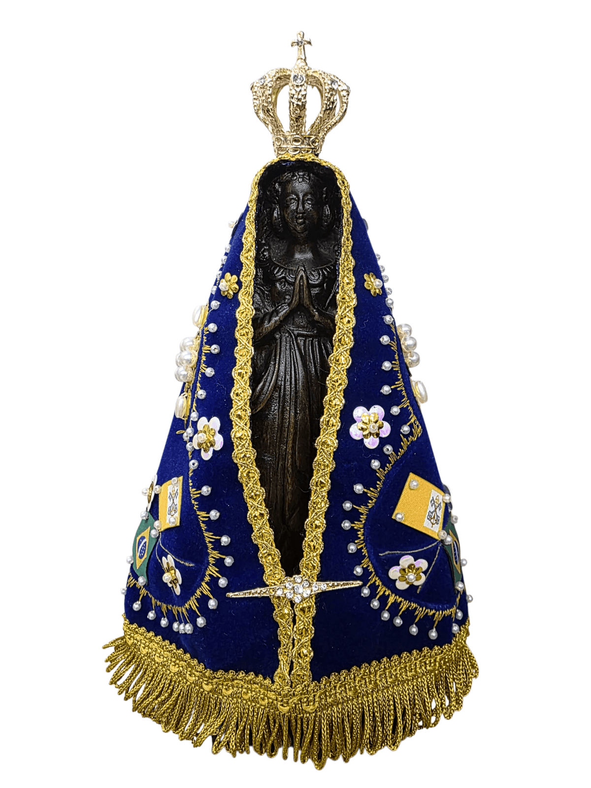 Imagem de Nossa Senhora Aparecida Fac-Símile em Madeira com Manto Flores Azul Royal 23 cm-TerraCotta Arte Sacra