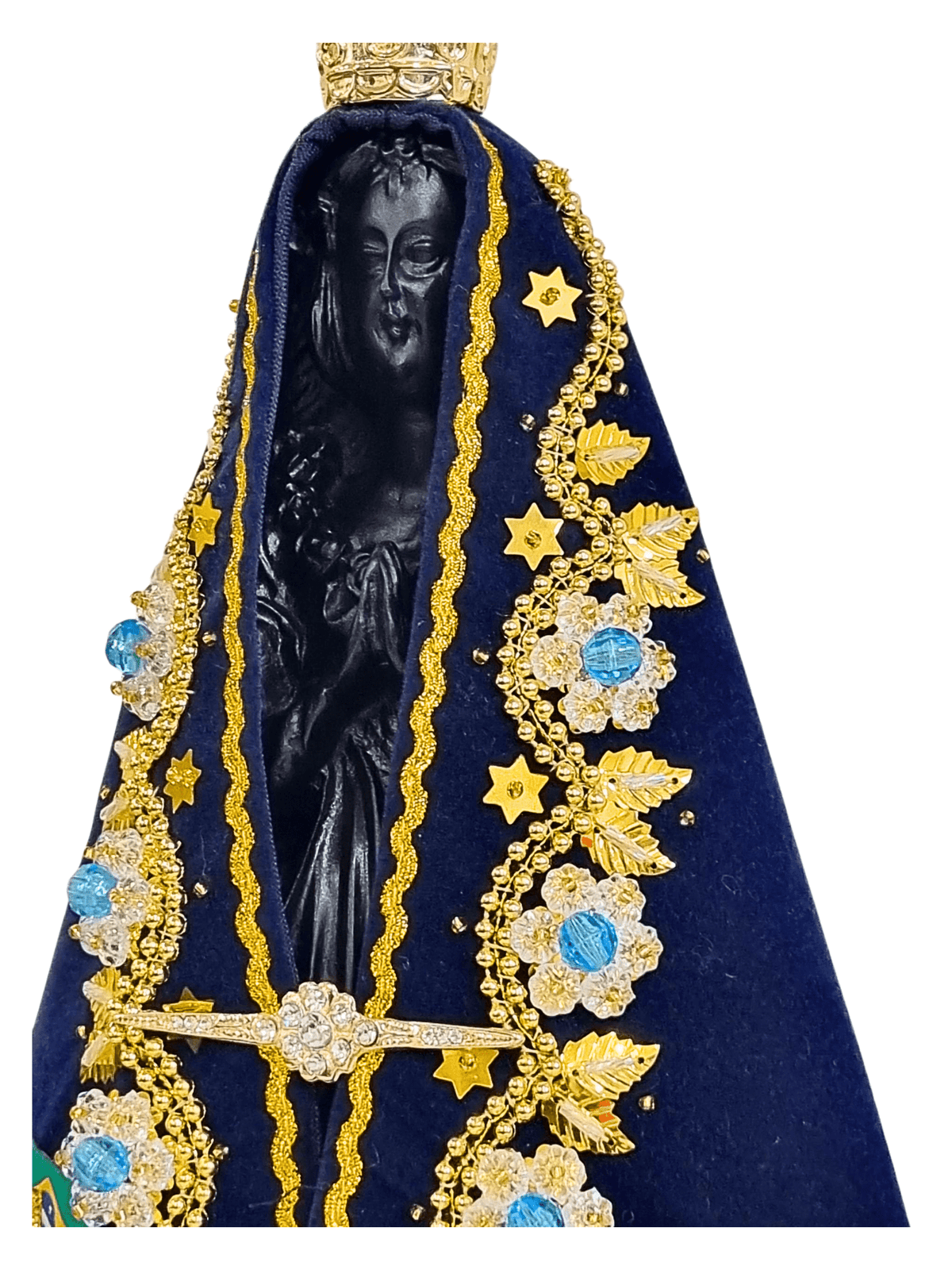 Imagem de Nossa Senhora Aparecida em Pó de Mármore com Manto Luxo Flores Azuis 36 cm-TerraCotta Arte Sacra