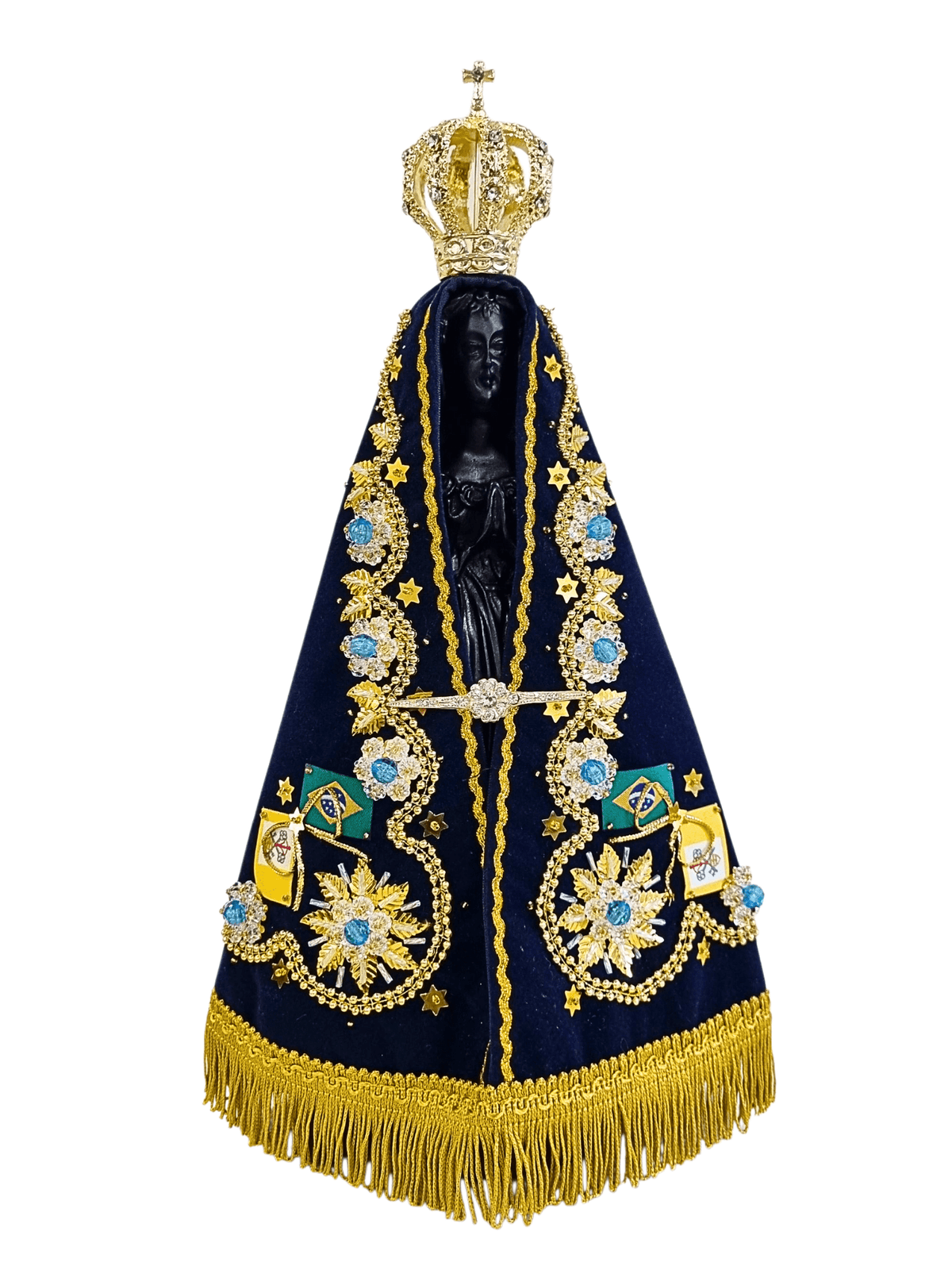 Imagem de Nossa Senhora Aparecida em Pó de Mármore com Manto Luxo Flores Azuis 36 cm-TerraCotta Arte Sacra