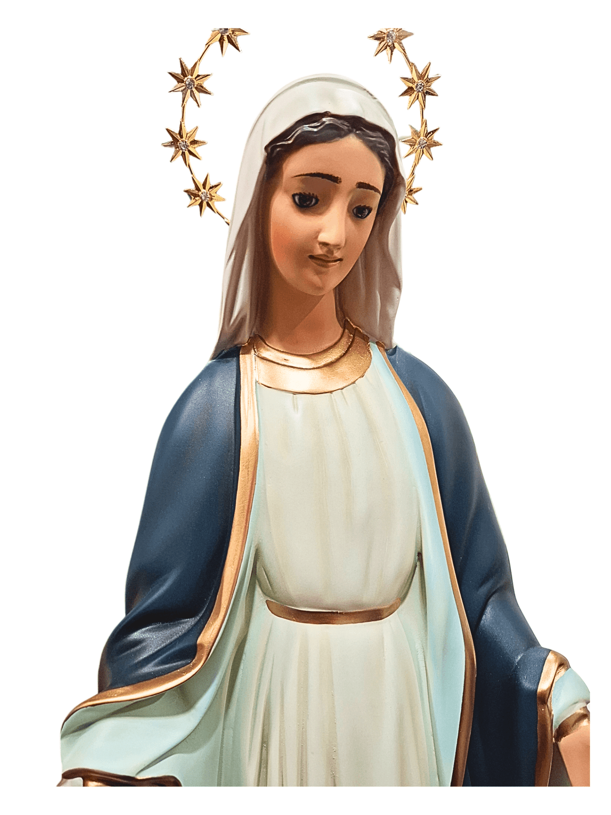Imagem de Nossa Senhora das Graças em Pó de Mármore com Olhos de Vidro Manto Azul Escuro-TerraCotta Arte Sacra