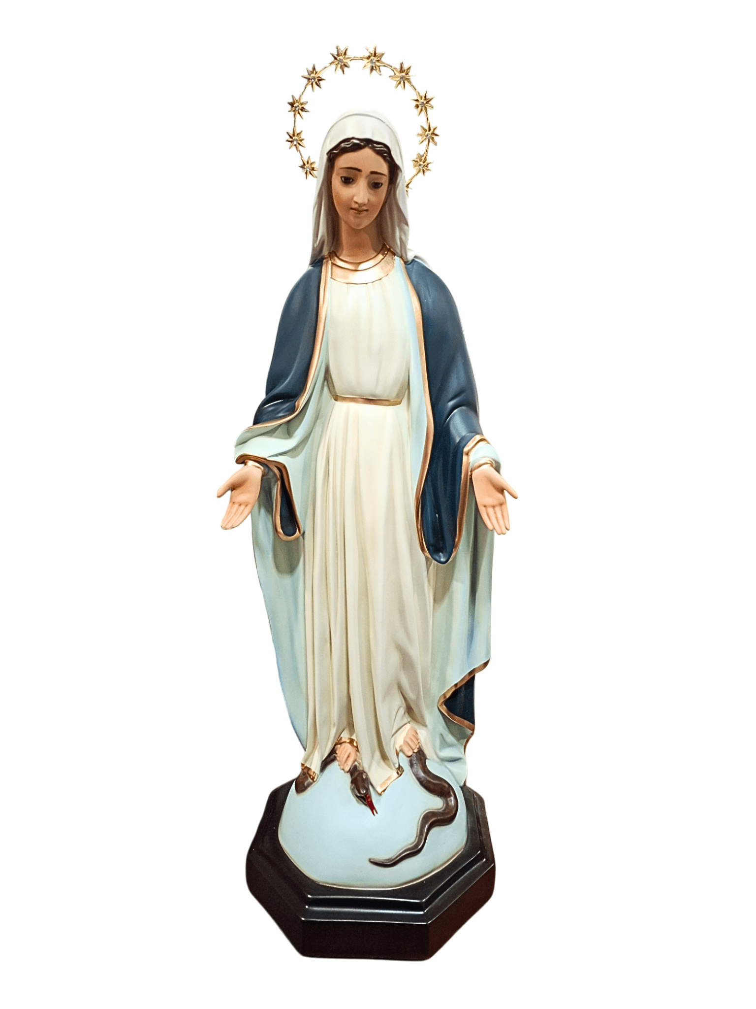 Imagem de Nossa Senhora das Graças em Pó de Mármore com Olhos de Vidro Manto Azul Escuro-TerraCotta Arte Sacra