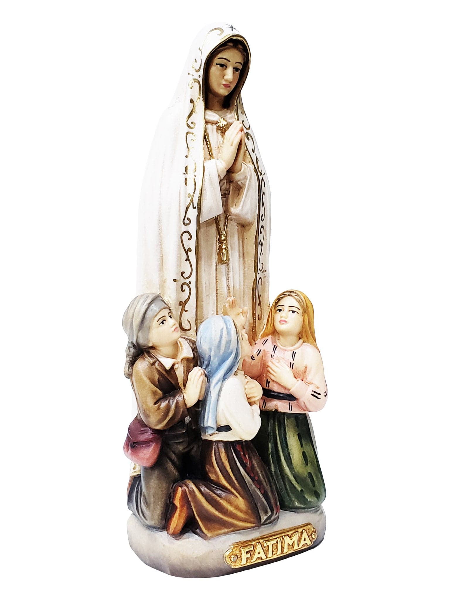 Imagem de Nossa Senhora de Fátima com os 3 Pastorzinhos em Madeira Italiana 16 cm-TerraCotta Arte Sacra