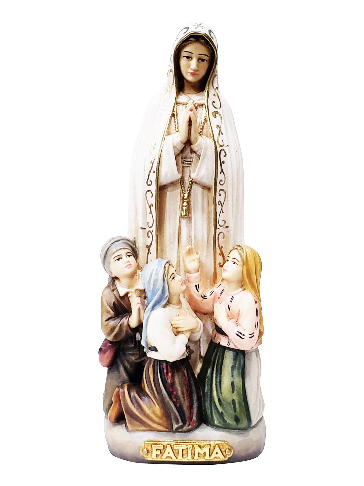 Imagem de Nossa Senhora de Fátima com os 3 Pastorzinhos em Madeira Italiana 16 cm-TerraCotta Arte Sacra
