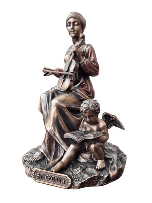 Imagem de Santa Cecília em Pó de Mármore com Acabamento em Bronze 15 cm-TerraCotta Arte Sacra