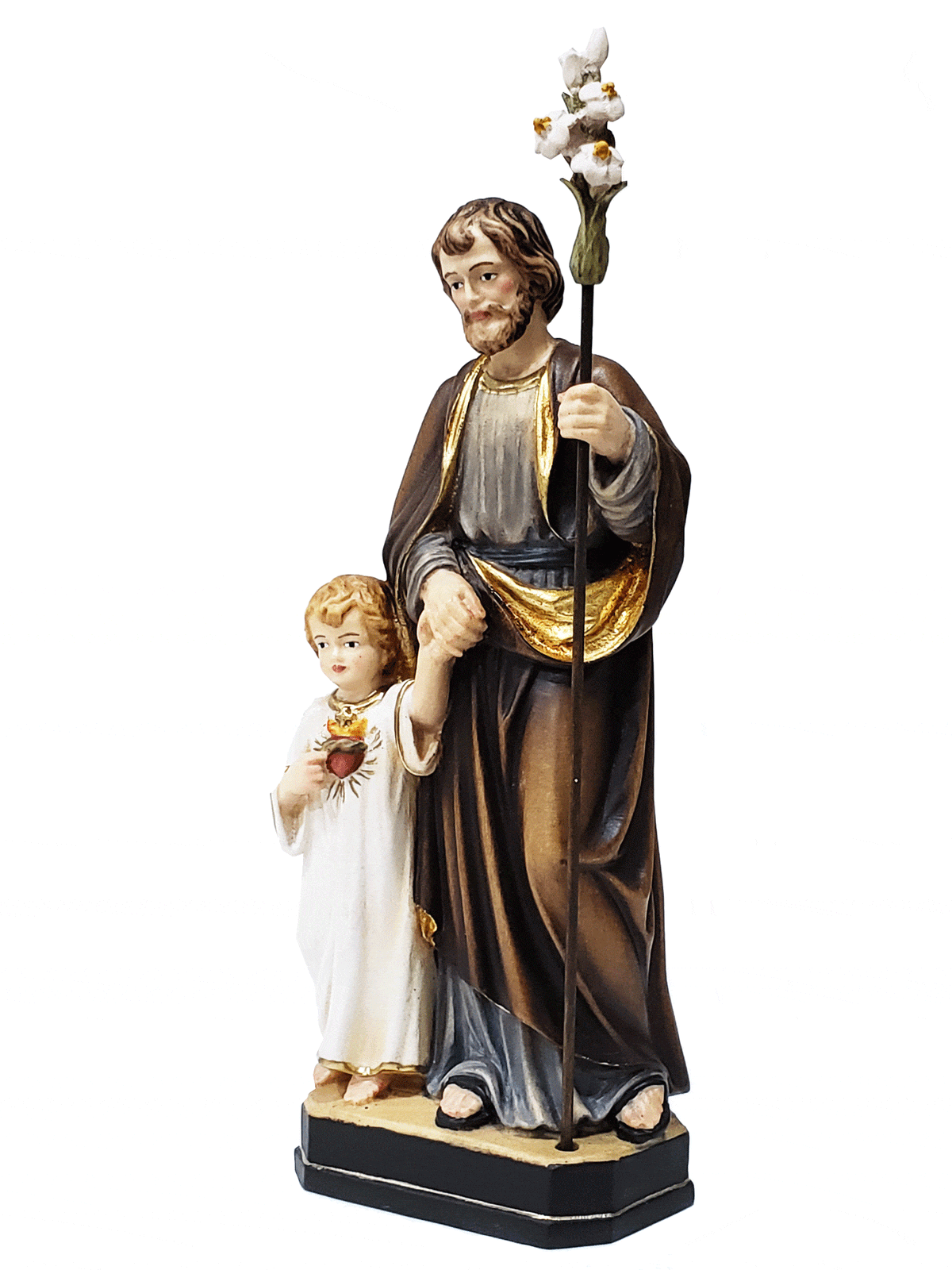 Imagem de São José com Jesus e Lírio de Madeira Italiana 40 cm-TerraCotta Arte Sacra