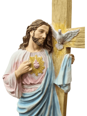 Imagem do Sagrado Coração de Jesus com Cruz e Espírito Santo em Pó de Mármore 28 cm-TerraCotta Arte Sacra
