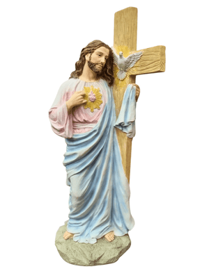 Imagem do Sagrado Coração de Jesus com Cruz e Espírito Santo em Pó de Mármore 28 cm-TerraCotta Arte Sacra