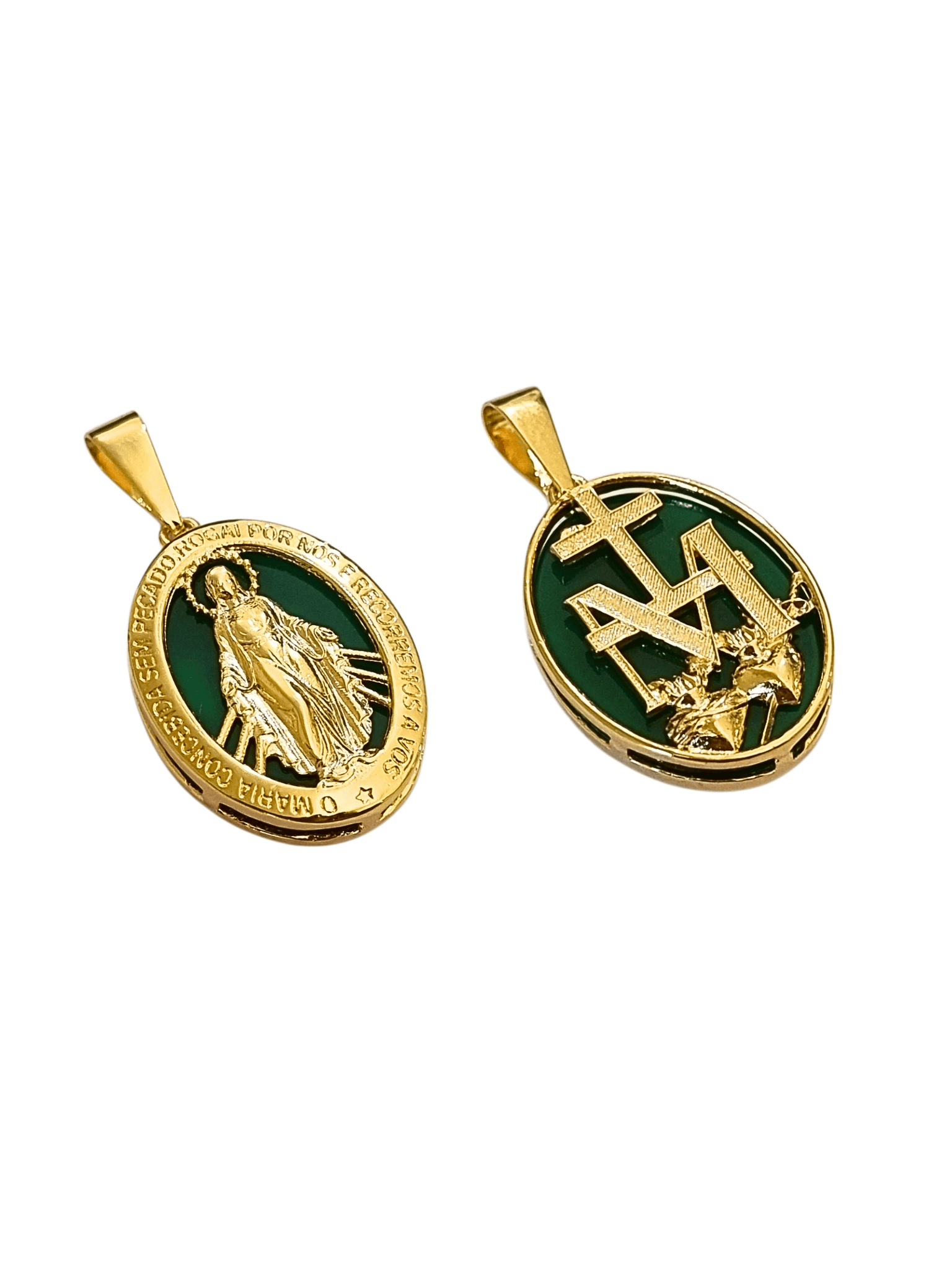 Medalha Nossa Senhora das Graças na Agata Verde em Prata de Lei 925 e Banho de Ouro 18K-TerraCotta Arte Sacra