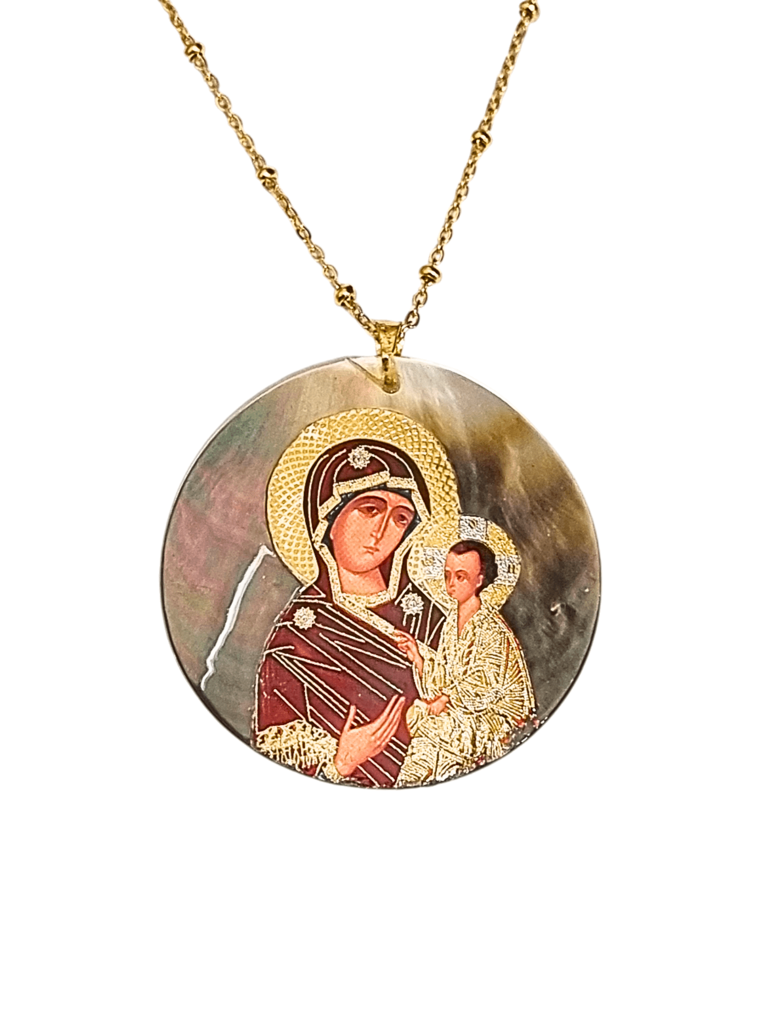Medalha de Madrepérola com Ícone Madona de Tikhvin Made in Rússia-TerraCotta Arte Sacra