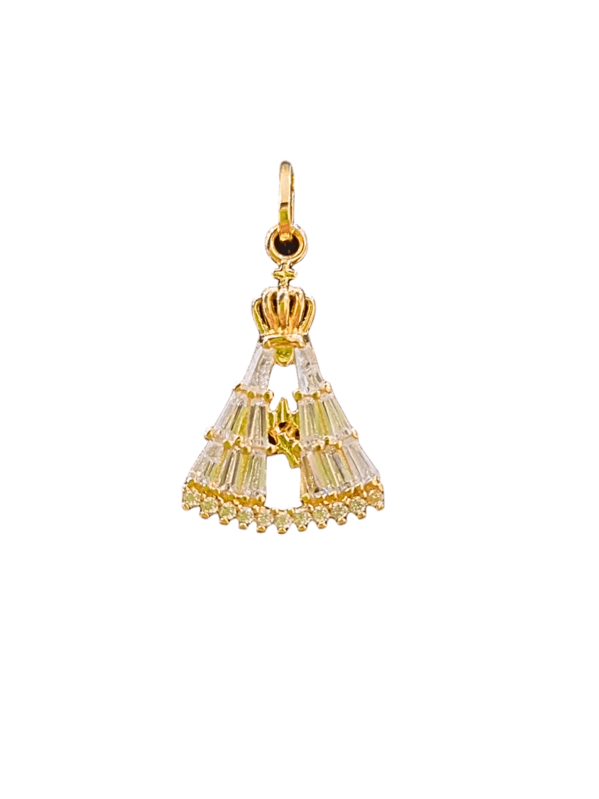 Medalha de Nossa Senhora Aparecida em Prata de Lei 925 com Banho de Ouro 18K e Zircônias Brancas com Trapézios-TerraCotta Arte Sacra