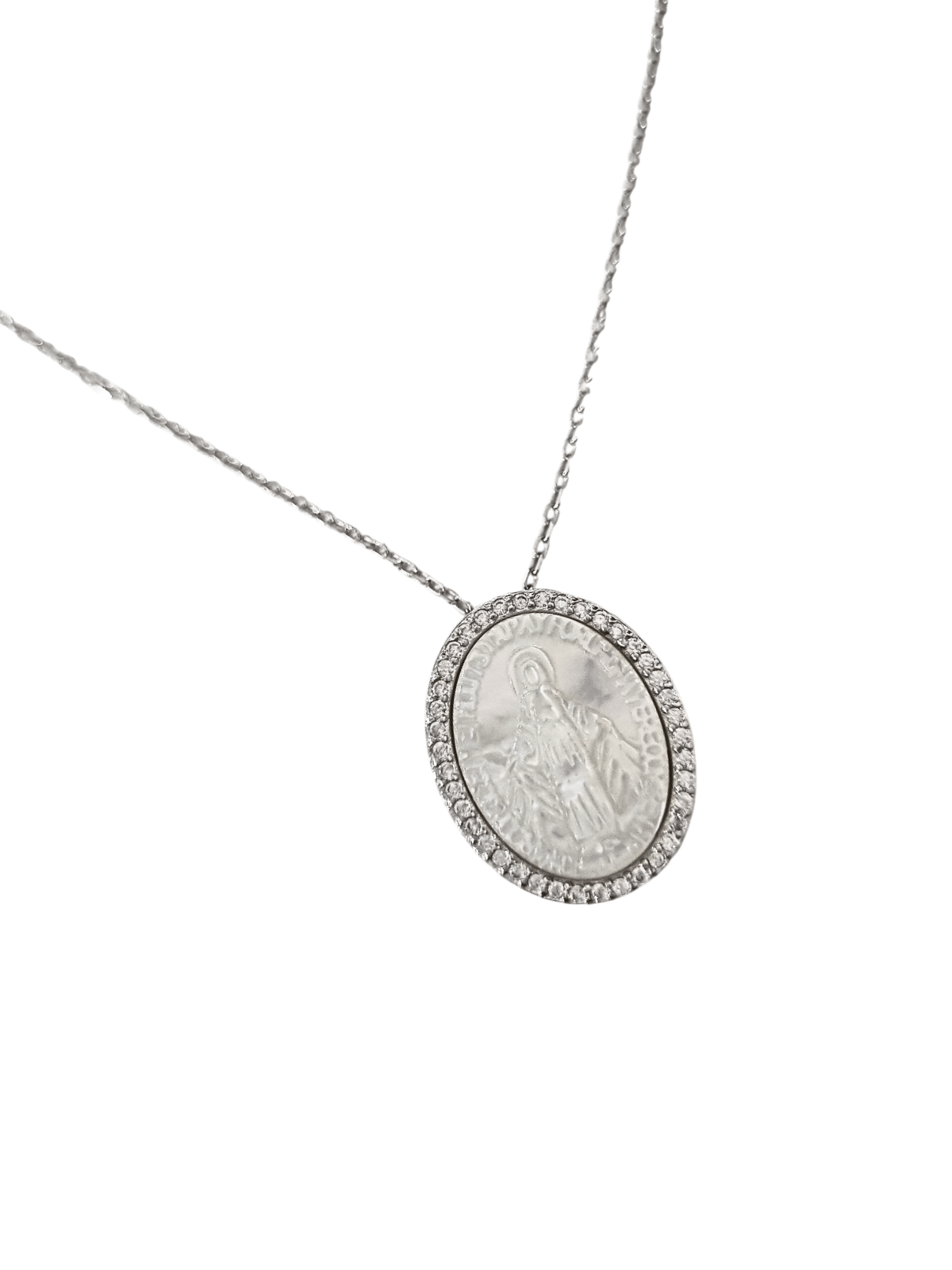 Medalha de Nossa Senhora das Graças na Madrepérola com Bordas Cravejadas em Zircônia em Prata de Lei 925-TerraCotta Arte Sacra