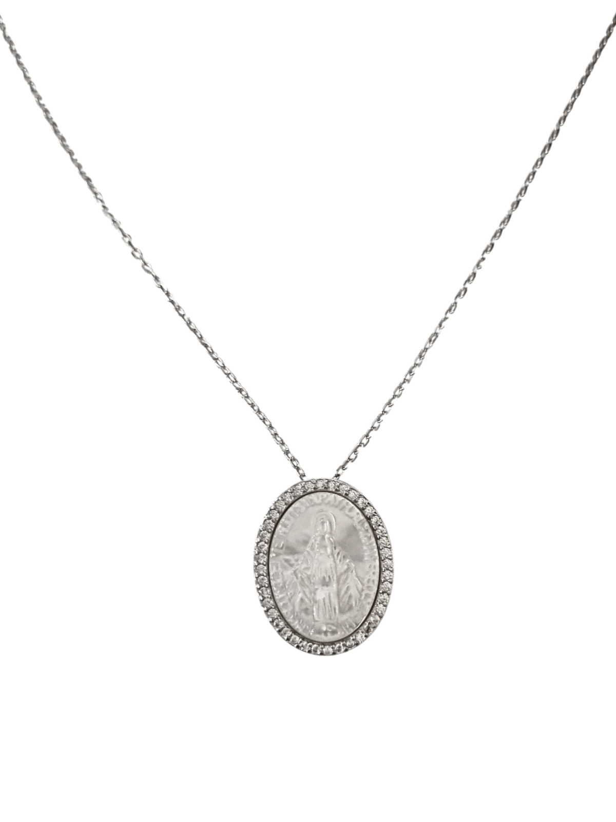 Medalha de Nossa Senhora das Graças na Madrepérola com Bordas Cravejadas em Zircônia em Prata de Lei 925-TerraCotta Arte Sacra